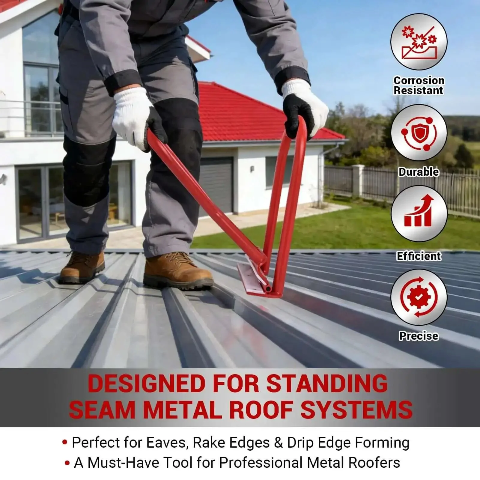 Eaves Seam Bender for Roofer Pros and Metal Fab Pros, PVC Insert Drip Edge Folding Tool for Standing Seam Roofing, 90 to 180 Degree Final Fold, High Strength Red Eaves Locker for Fascia, Flashing, Dormers and Sheet Metal - Image 6