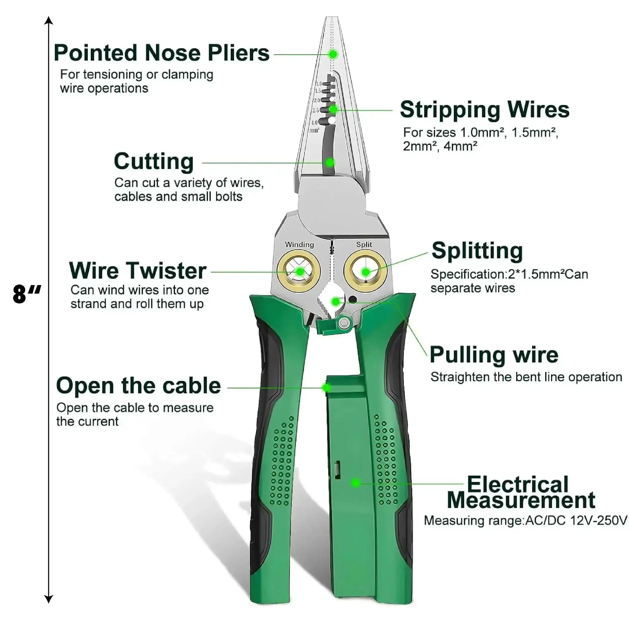 Eight In One Wire Stripper Tool With Non Contact Voltage Detector And Insulated Safety Handles For Electricians And DIYers A Pro Grade Heavy Duty Multi Function Pliers Set That Strips Cuts Crimps And More For Electrical Work - Image 9
