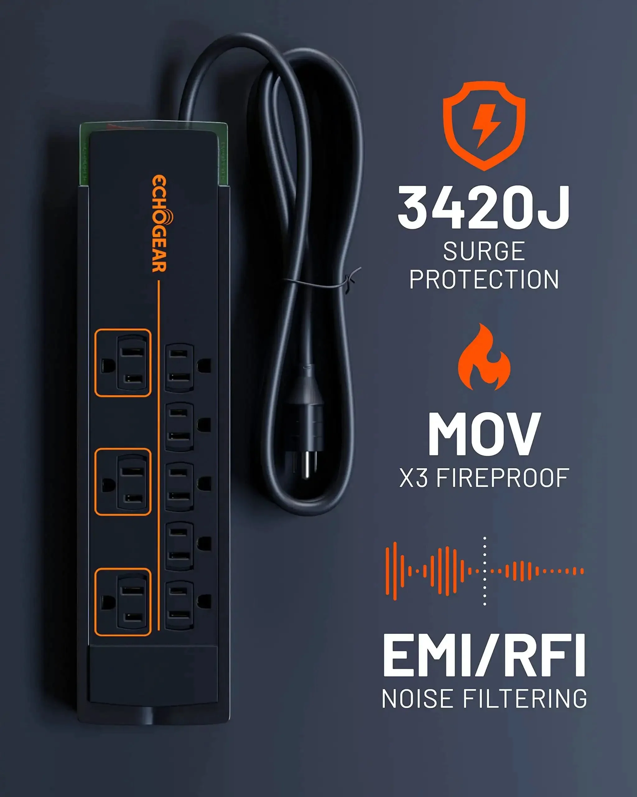 Eight Outlet Surge Protector Power Strip With Slim Profile And 3420 Joules Of Protection For Your TV, Office, Or Gaming Setup, Heavy Duty Overload Guard And Easy Concealment - Image 9