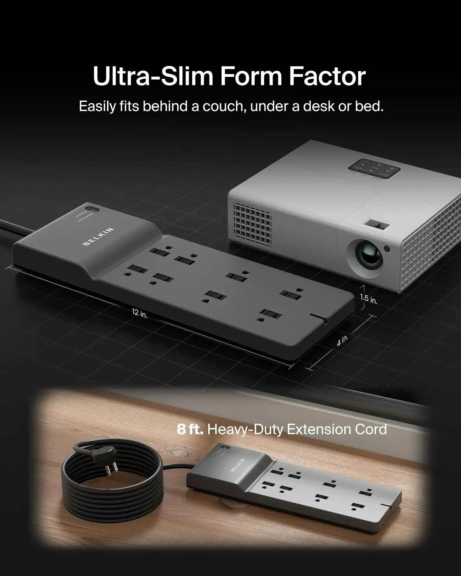 Eight Outlet Surge Protector With Eight Foot Flat Plug 2500 Joules Of Protection UL Listed Heavy Duty Extension Cord For Home Office Travel A Power Hub For Computer Desktop Laptop And Phone Charger Clutter Free Desk - Image 3