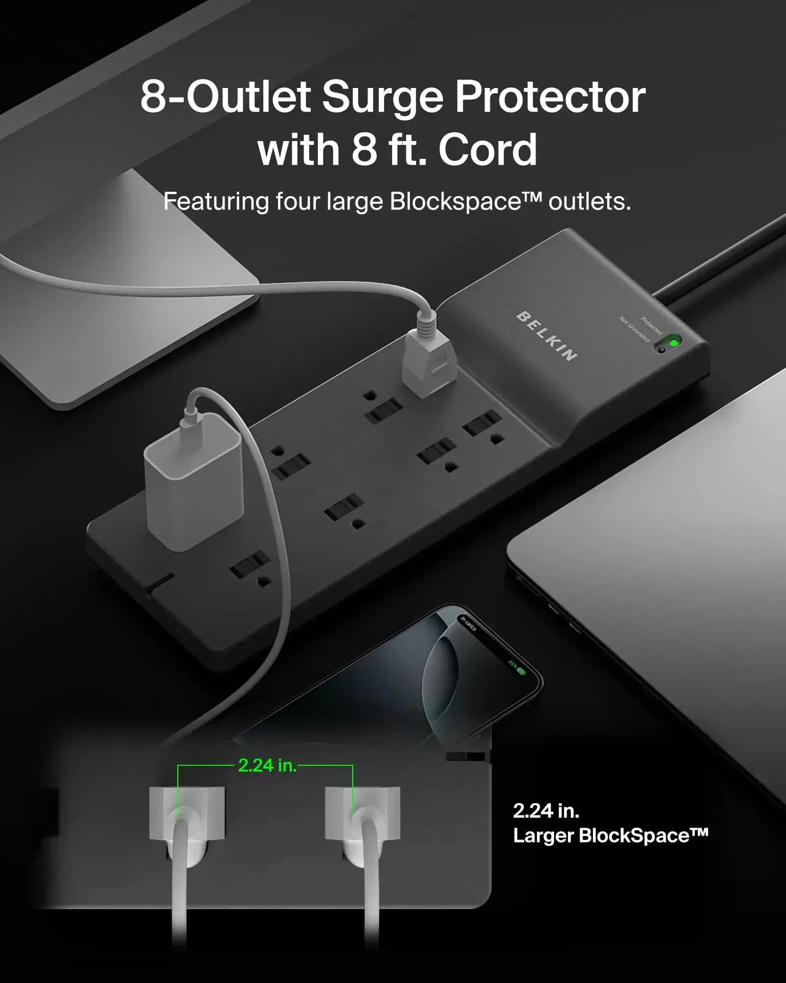 Eight Outlet Surge Protector With Eight Foot Flat Plug 2500 Joules Of Protection UL Listed Heavy Duty Extension Cord For Home Office Travel A Power Hub For Computer Desktop Laptop And Phone Charger Clutter Free Desk - Image 7