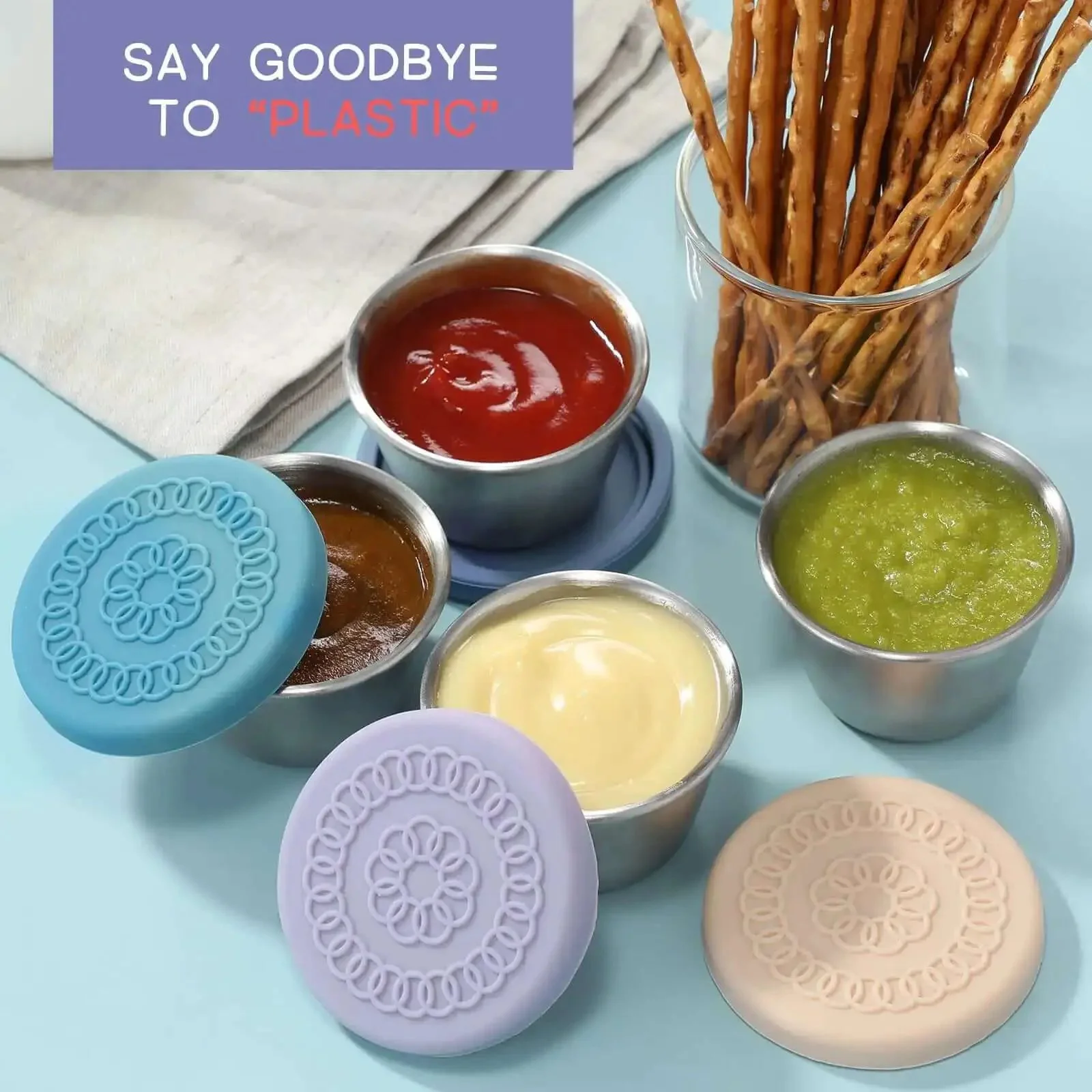 Eight Pack 2.4oz Stainless Steel Condiment Containers With Leakproof Silicone Lids, Reusable Sauce Cups For Lunch Bento Boxes, Picnics And Travel On The Go, Perfect For Dressings, PBJ, Jams And More - Image 3