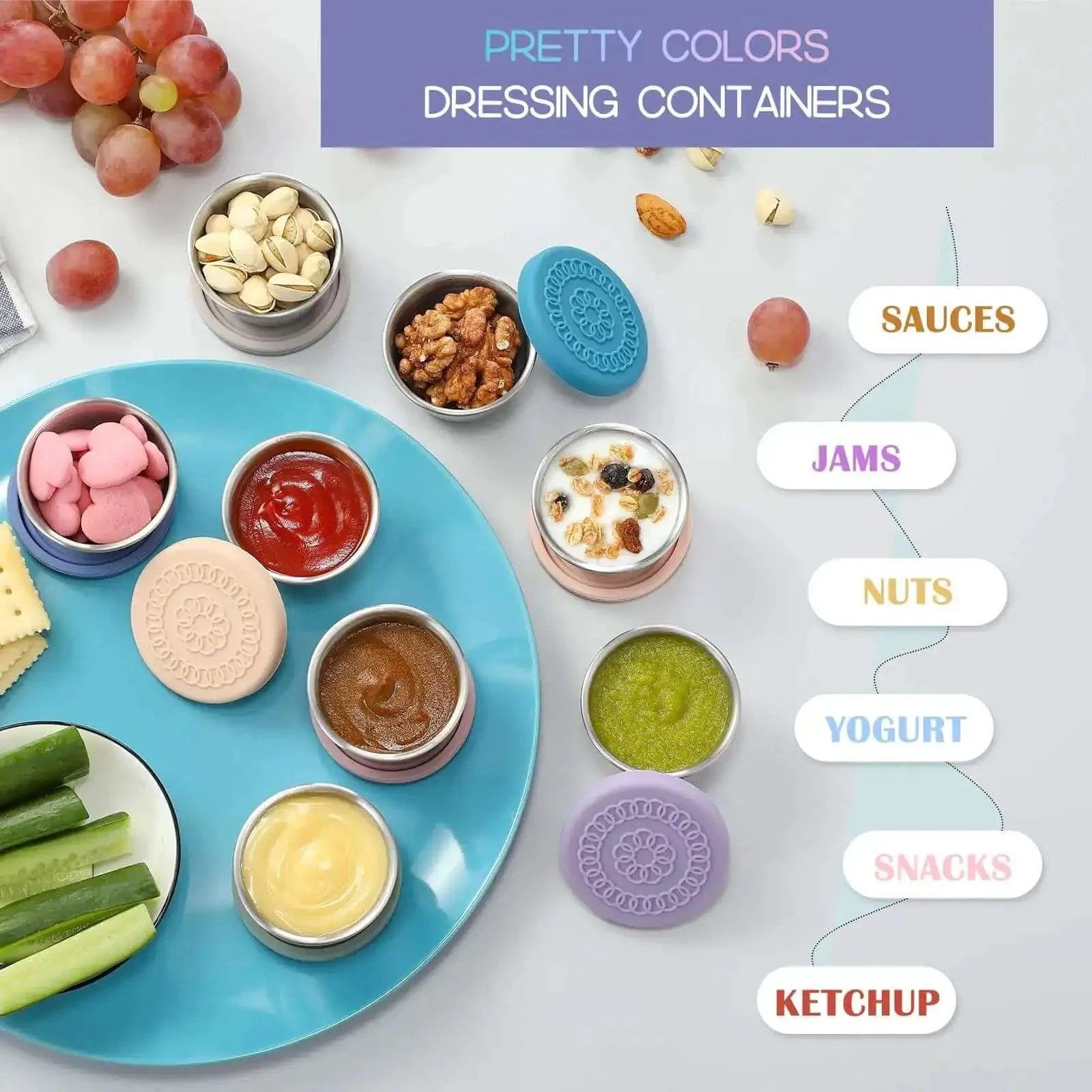 Eight Pack 2.4oz Stainless Steel Condiment Containers With Leakproof Silicone Lids, Reusable Sauce Cups For Lunch Bento Boxes, Picnics And Travel On The Go, Perfect For Dressings, PBJ, Jams And More - Image 5