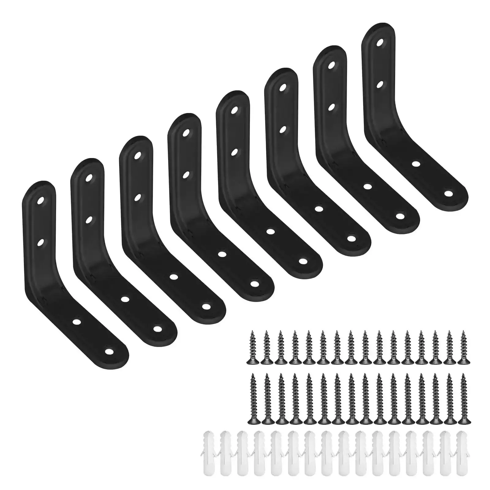 Eight Pack 3 Inch Beefy Heavy Duty L Brackets For Shelves Cabinets And Wood 90 Degree Wall Mount Right Angle Corner Braces Black Powder Coated Steel Shelf Supports Includes Mounting Screws