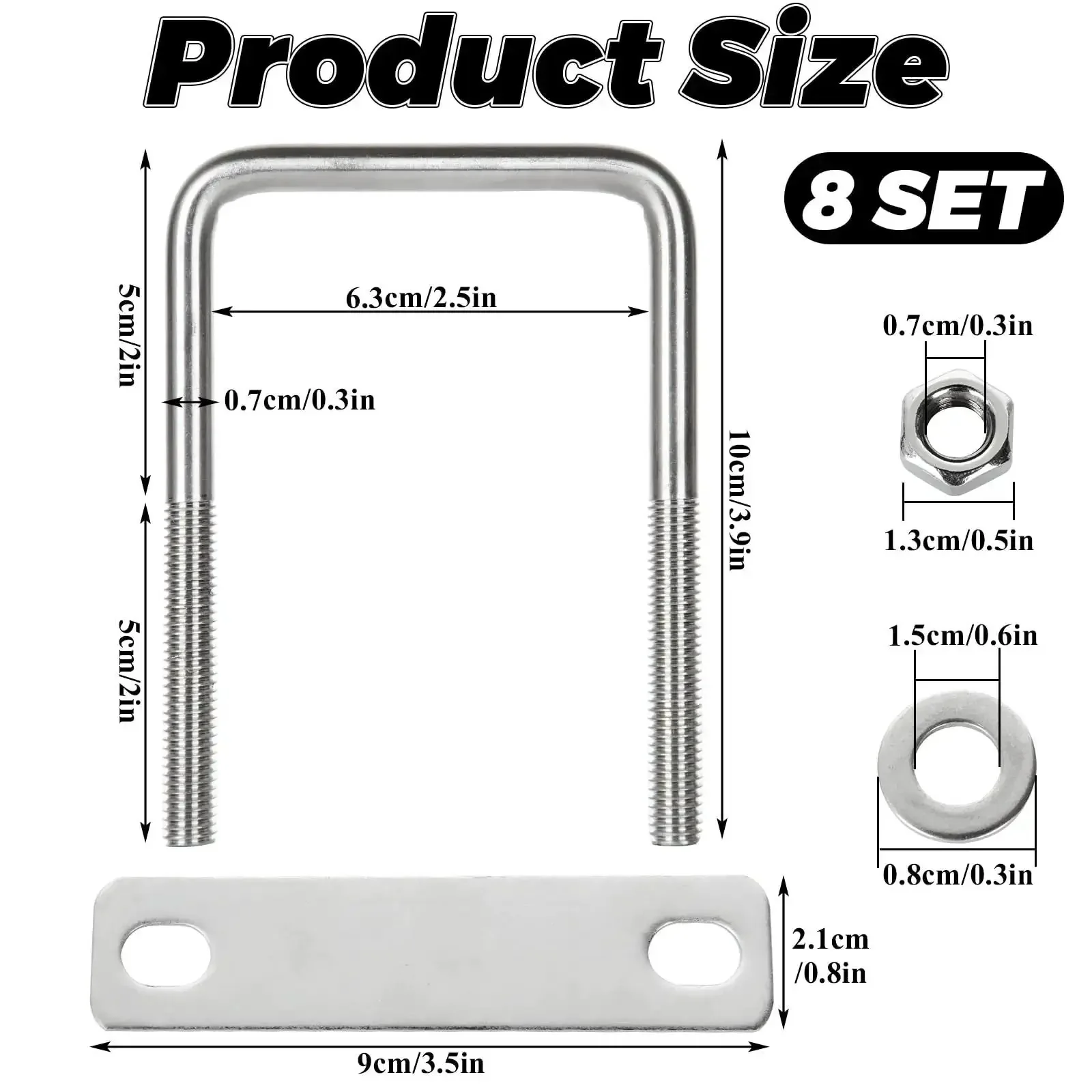 Eight Pack Square U Bolts With Washers And Nuts Two And A Half Inch Inner Width Hundred Millimeter Length 304 Stainless Steel Replacement Parts For Cars Trailers Ski Boats And Sailboats - Image 7
