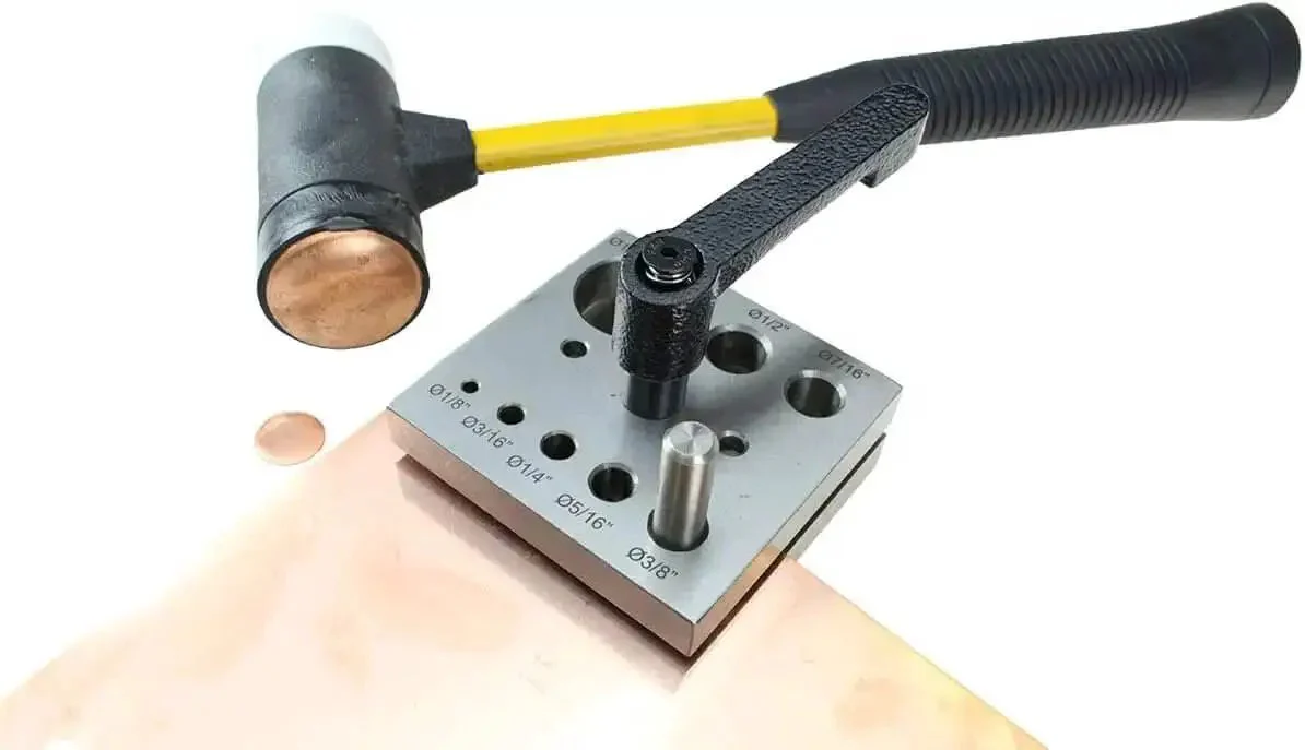Eight Piece Disc Cutter Set For Heavy Duty Circle Cutting One Eighth To One Inch Punches Lever Clamp Keeps Your Sheet Locked Cuts Non Ferrous Metal Up To 14 Gauge Includes Eight Punches And Sturdy Wooden Base - Image 5