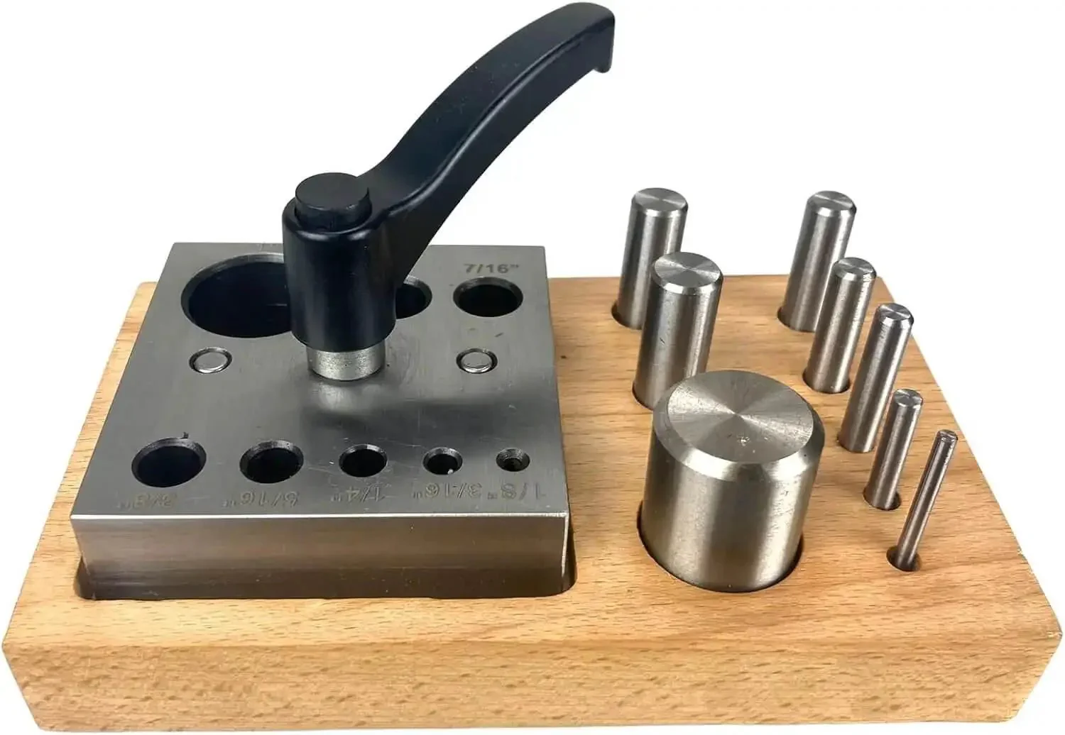 Eight Piece Disc Cutter Set For Quick Circle Cutting With Lever Clamp One Eighth Inch To One Inch Sizes Handles Up To Fourteen Gauge Non Ferrous Metal Pro Grade Cutting Tool With Sturdy Wooden Base Storage