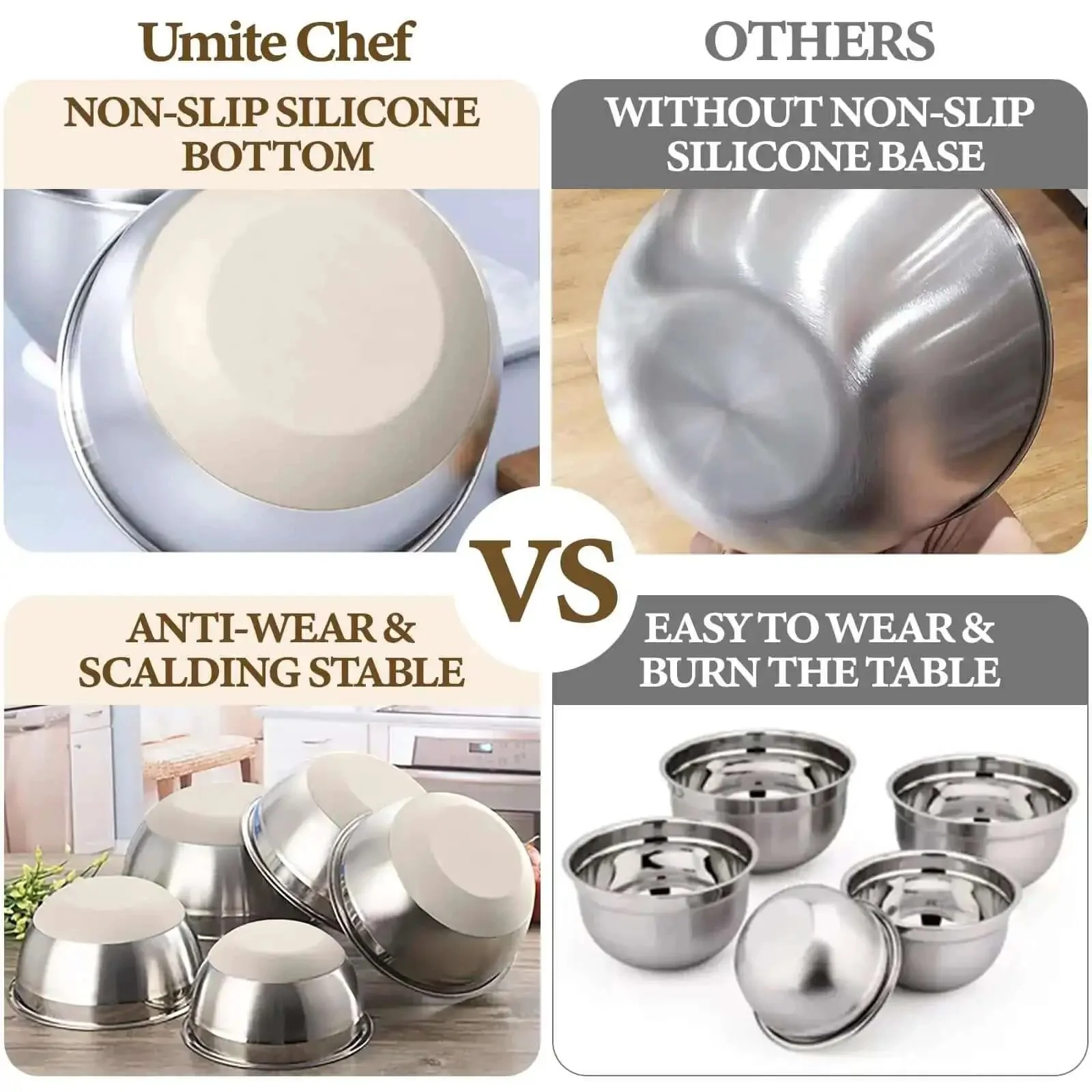 Eight Piece Khaki Stainless Steel Nesting Mixing Bowls With Airtight Lids And Three Grater Attachments For Slicing Grating And Shredding Non Slip Bottoms Great For Mixing And Serving In 5 Qt 4 Qt 3.5 Qt 2 Qt And 1.5 Qt - Image 6
