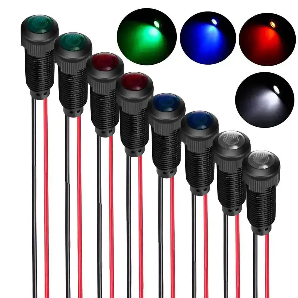 Eight Piece LED Indicator Pilot Lights Set Red Blue Green White For Panel Mount 8mm Hole AC DC 12 24V Flame Retardant Plastic Shell Visual Status Cues For Power Signal And Telecom Equipment