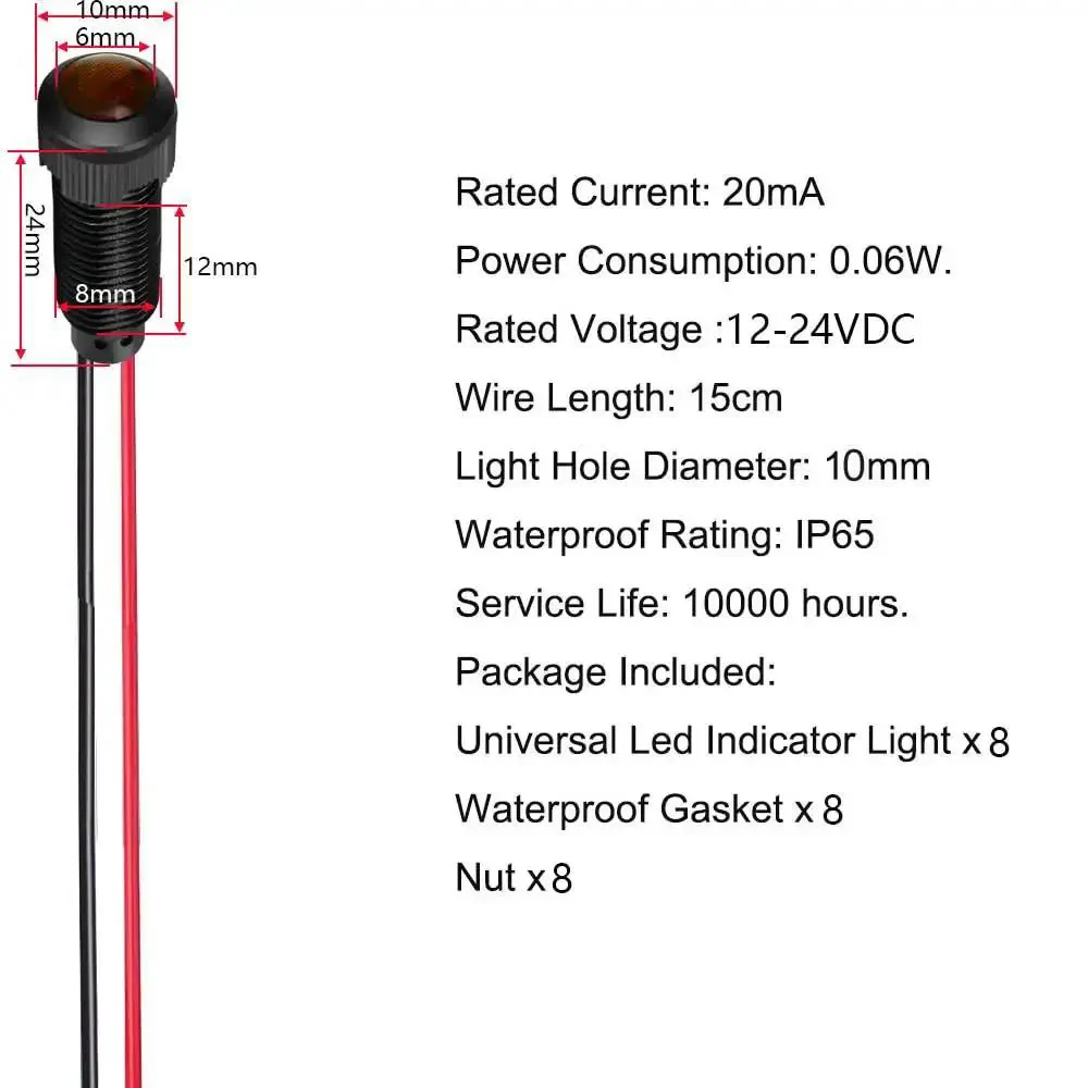 Eight Piece LED Indicator Pilot Lights Set Red Blue Green White For Panel Mount 8mm Hole AC DC 12 24V Flame Retardant Plastic Shell Visual Status Cues For Power Signal And Telecom Equipment - Image 4
