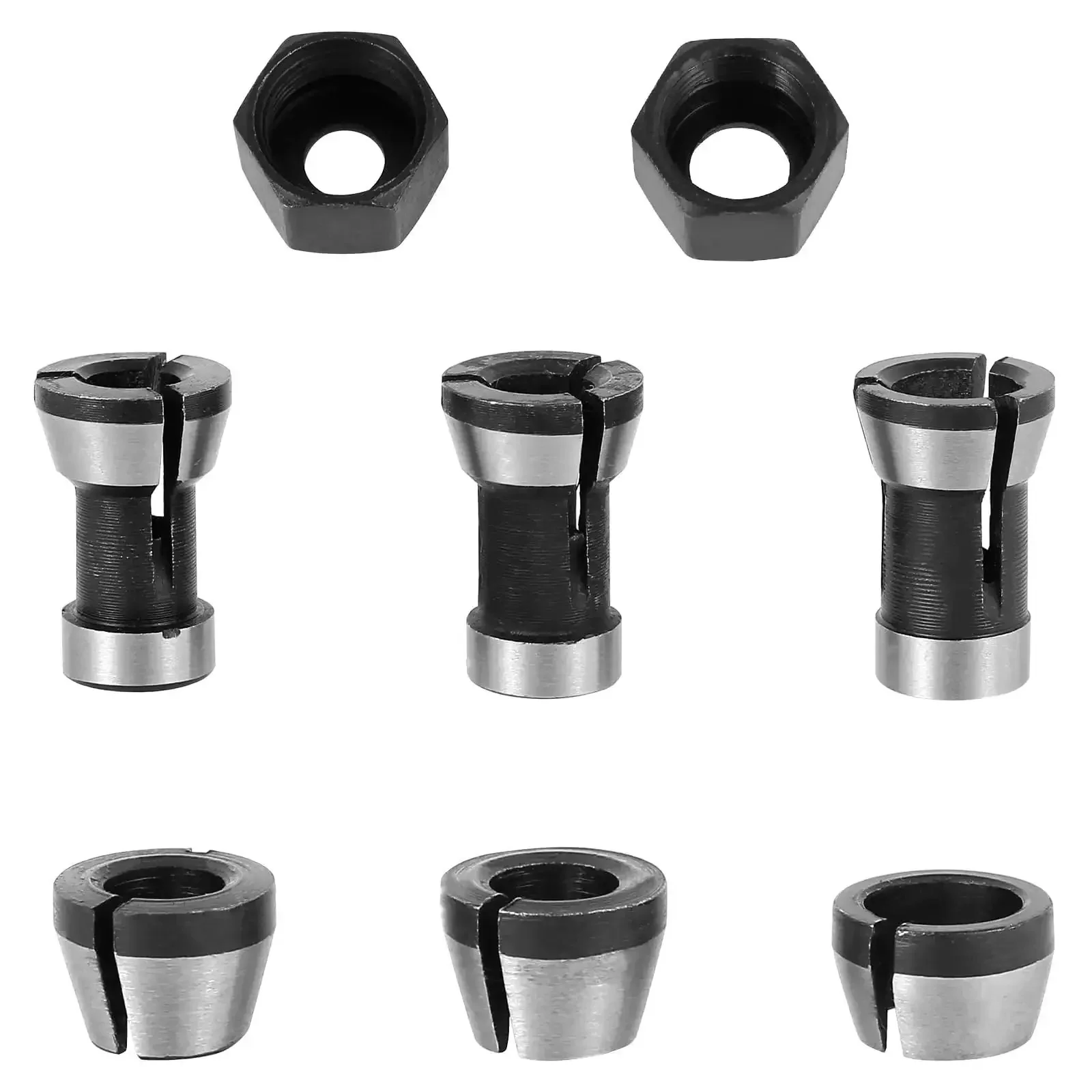 Eight Piece Router Collet Chuck Set With Pro Grade High Precision Trimmer Adapters In 6mm 6.35mm And 8mm Carbon Steel Includes Two Nuts For Woodworking And Engraving Machines