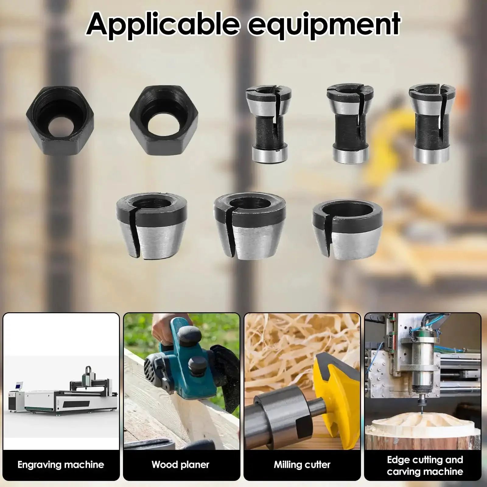 Eight Piece Router Collet Chuck Set With Pro Grade High Precision Trimmer Adapters In 6mm 6.35mm And 8mm Carbon Steel Includes Two Nuts For Woodworking And Engraving Machines - Image 8