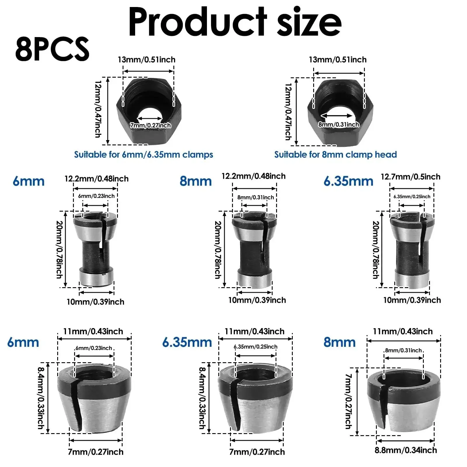 Eight Piece Router Collet Chuck Set With Pro Grade High Precision Trimmer Adapters In 6mm 6.35mm And 8mm Carbon Steel Includes Two Nuts For Woodworking And Engraving Machines - Image 9