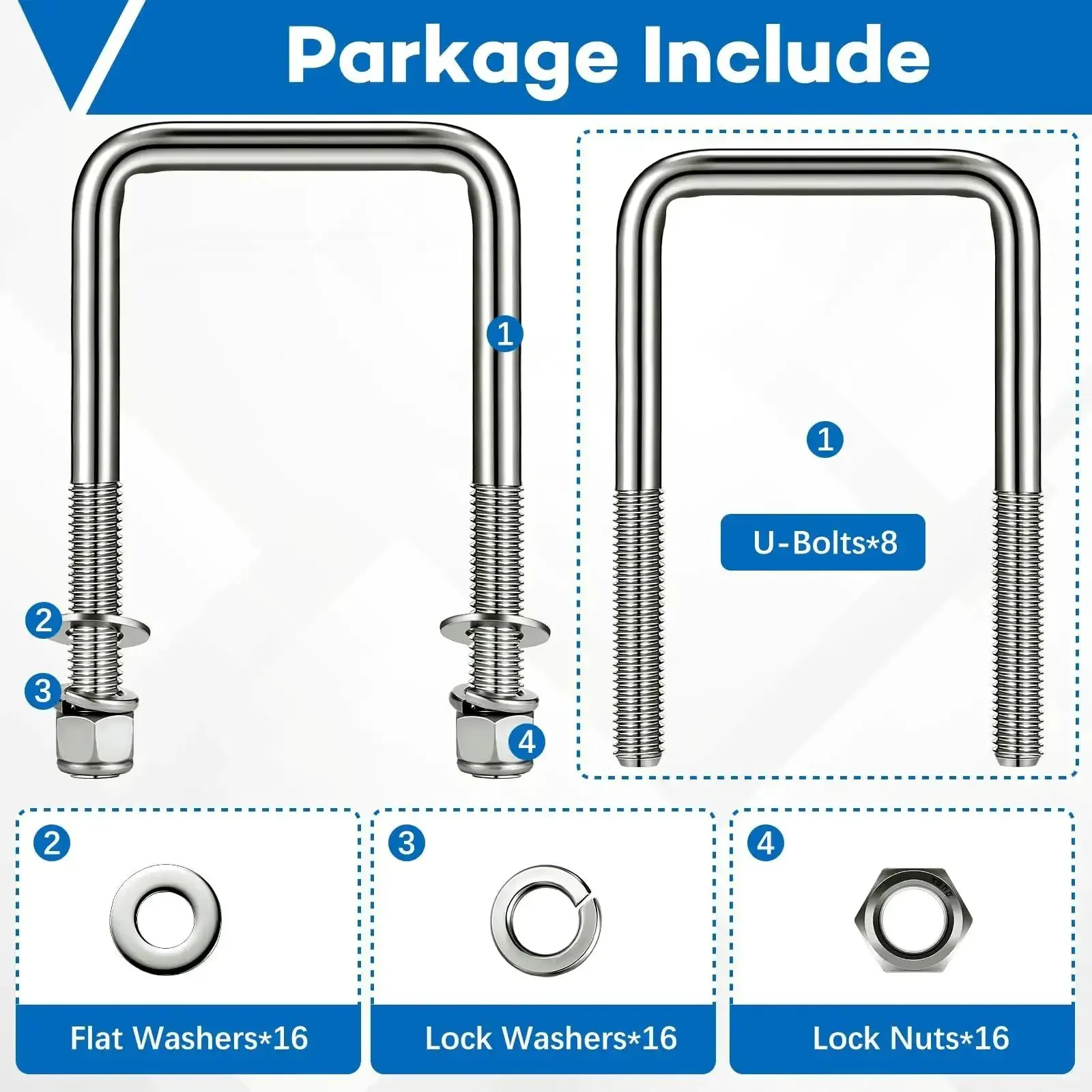 Eight Piece Set Of 304 Stainless Steel Square U Bolts With Washers And Nuts For Boat Trailers Sailboats Automobiles Heavy Duty Industrial Grade Durable U Bolts One Half Inch Diameter By Three And One Sixteenth Inch Wide By Five And Five Sixteenths Inch - Image 6