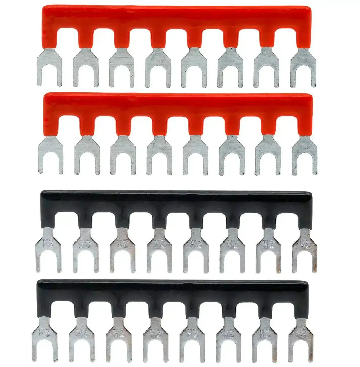 Eight Position Jumper Block Terminal Strips 400V 25A Barrier Fork Type TB2508 Pre Insulated Red And Black 4 Pack Plug And Play Ready For Easy Wiring High Conductivity Brass Terminals Nickel Plated Outer For Reliable Electrical Joints