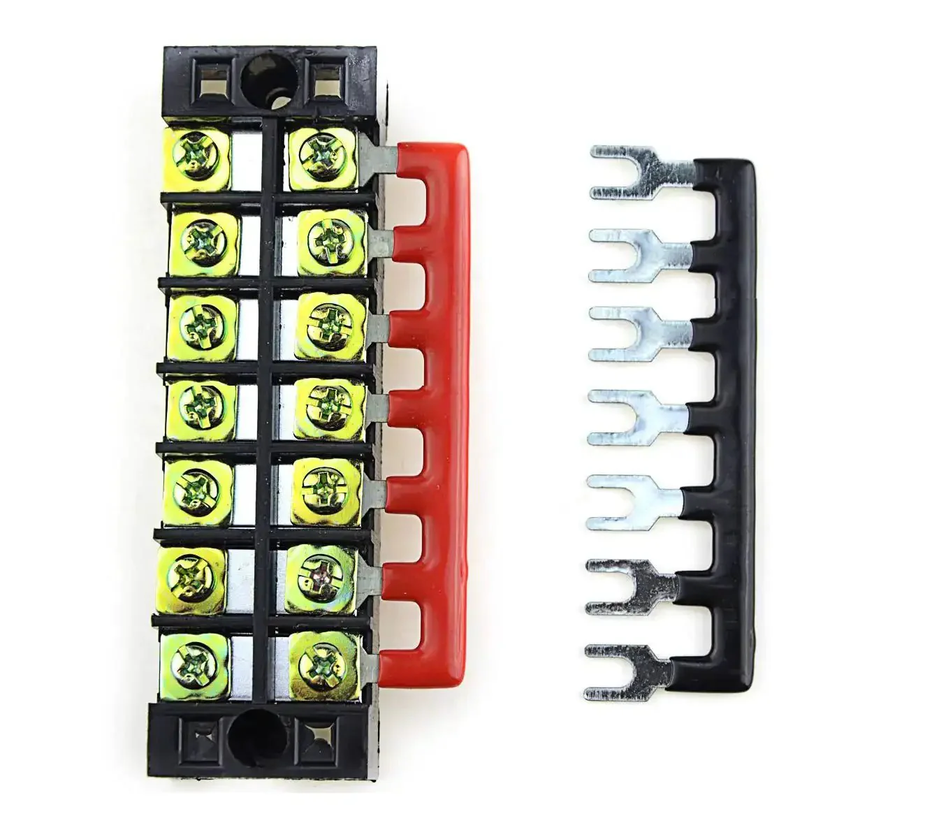 Eight Position Jumper Block Terminal Strips 400V 25A Barrier Fork Type TB2508 Pre Insulated Red And Black 4 Pack Plug And Play Ready For Easy Wiring High Conductivity Brass Terminals Nickel Plated Outer For Reliable Electrical Joints - Image 2