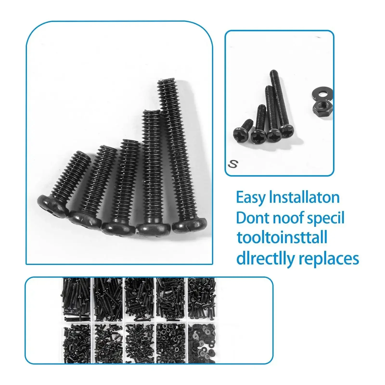 Eight Sizes M2 Pan Head Phillips Machine Screws Set 4mm To 20mm Black Carbon Steel Fasteners Kit With 150 M2 Nuts And 150 Washers Fully Threaded Metric Screws Bolts Assortment - Image 3