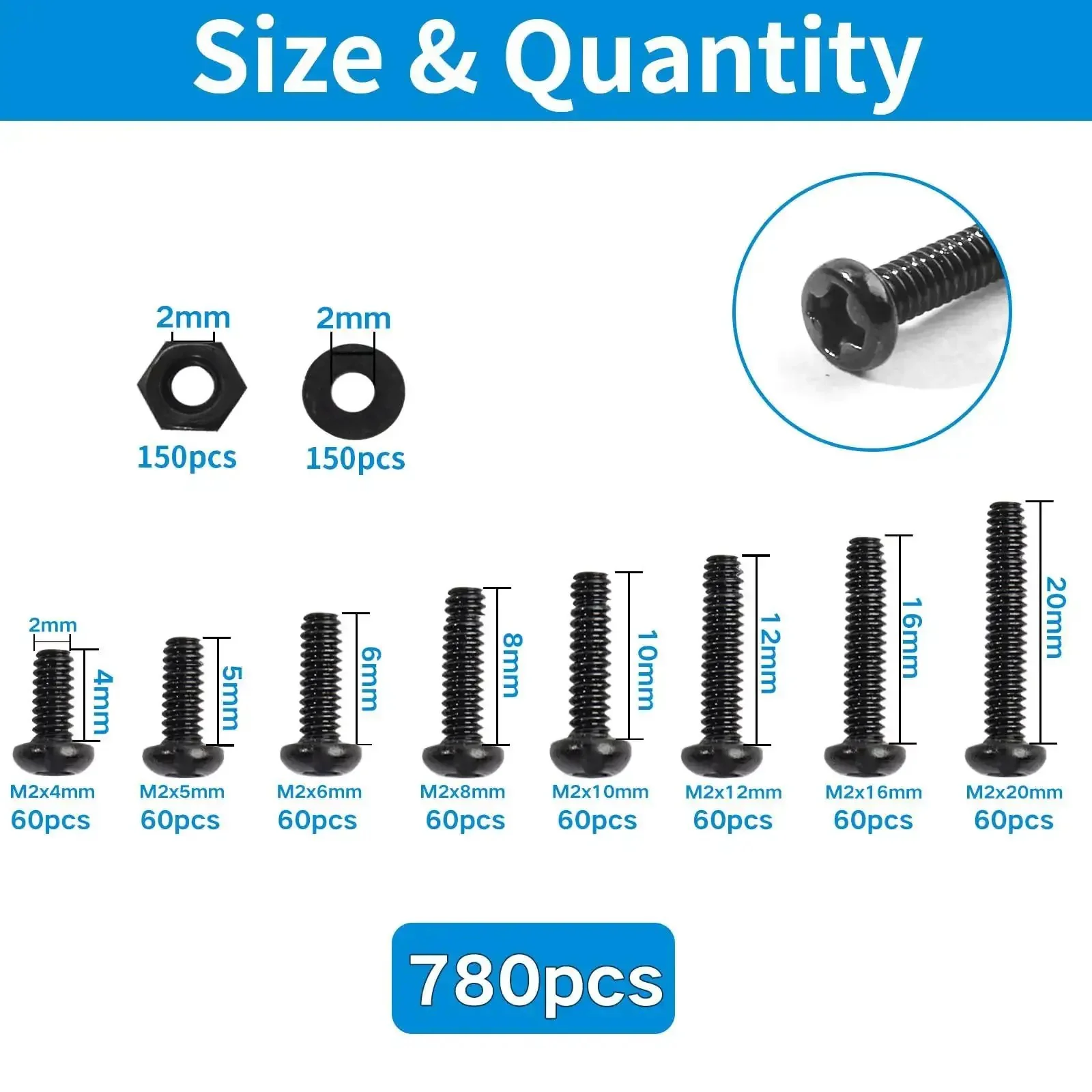 Eight Sizes M2 Pan Head Phillips Machine Screws Set 4mm To 20mm Black Carbon Steel Fasteners Kit With 150 M2 Nuts And 150 Washers Fully Threaded Metric Screws Bolts Assortment - Image 7