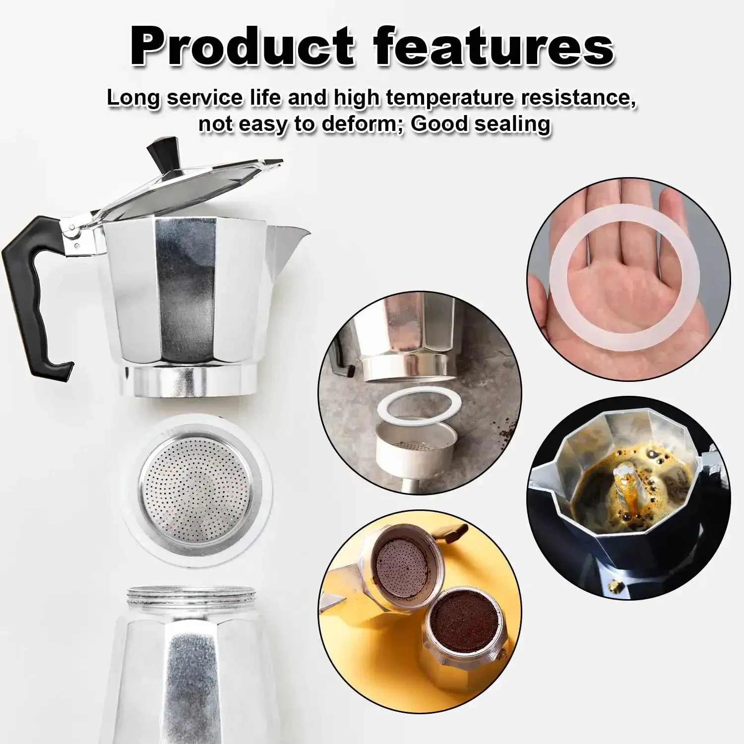 Eight White Silicone Moka Pot Gasket Seal Rings Set For Dama, Venus, Musa, Kitty 6 Cup Models, 7.1 Cm Diameter, Replacement Parts, Easy Install, Durable Espresso Pot Seals - Image 3