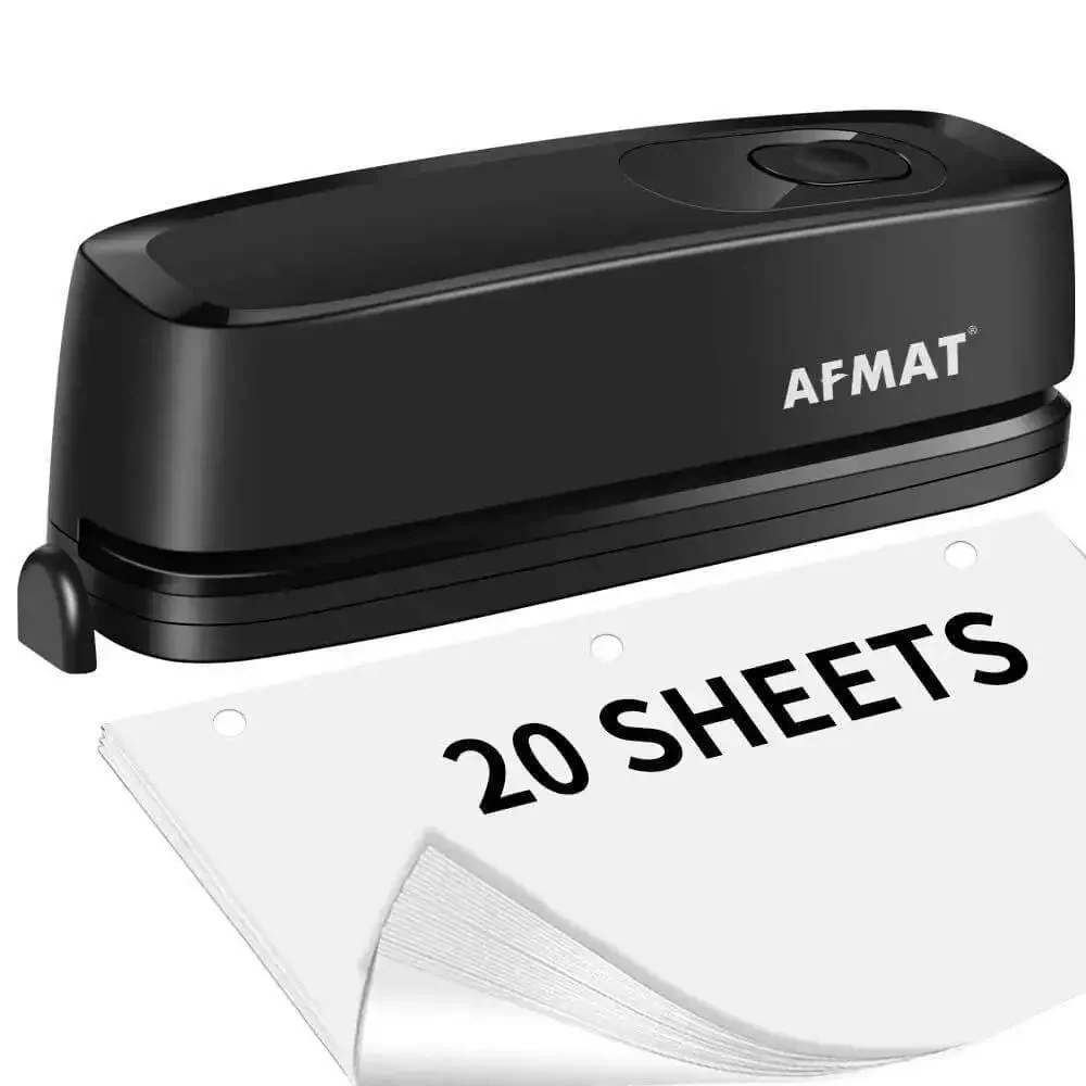 Electric 3 Hole Punch For Binders, 20 Sheet Capacity, 9/32 Inch Holes, Quick Start Button, No Fuss Puncher, Heavy Duty Paper Puncher, AC Or Battery Powered, Perfect For Office, School And Studio Work