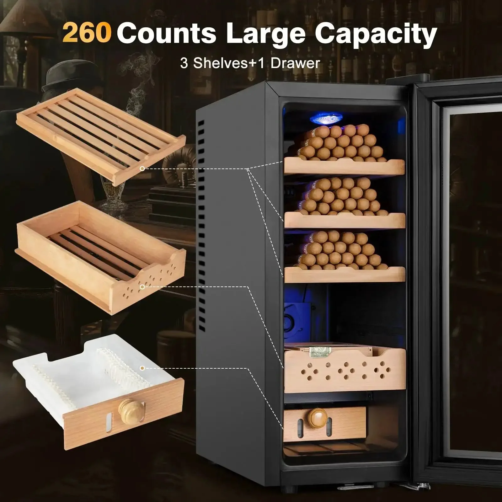 Electric Cigar Humidor Cabinet With 35L Capacity Precise Temperature And Humidity Control Spanish Cedar Shelves And Safety Lock Holds Up To 260 Cigars For Long Lasting Fresh Flavorful Smoking Sessions - Image 6