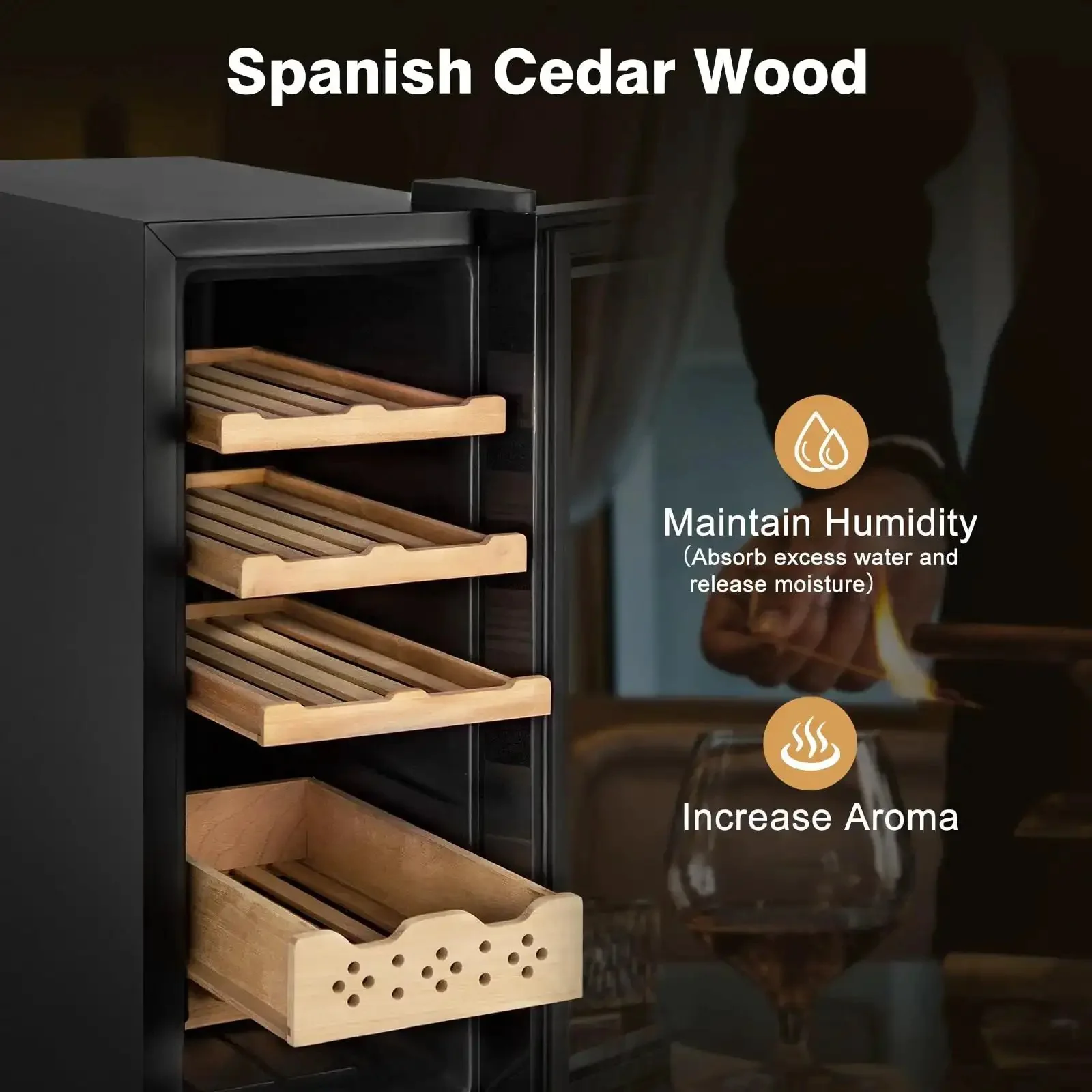 Electric Cigar Humidor Cabinet With 35L Capacity Precise Temperature And Humidity Control Spanish Cedar Shelves And Safety Lock Holds Up To 260 Cigars For Long Lasting Fresh Flavorful Smoking Sessions - Image 8