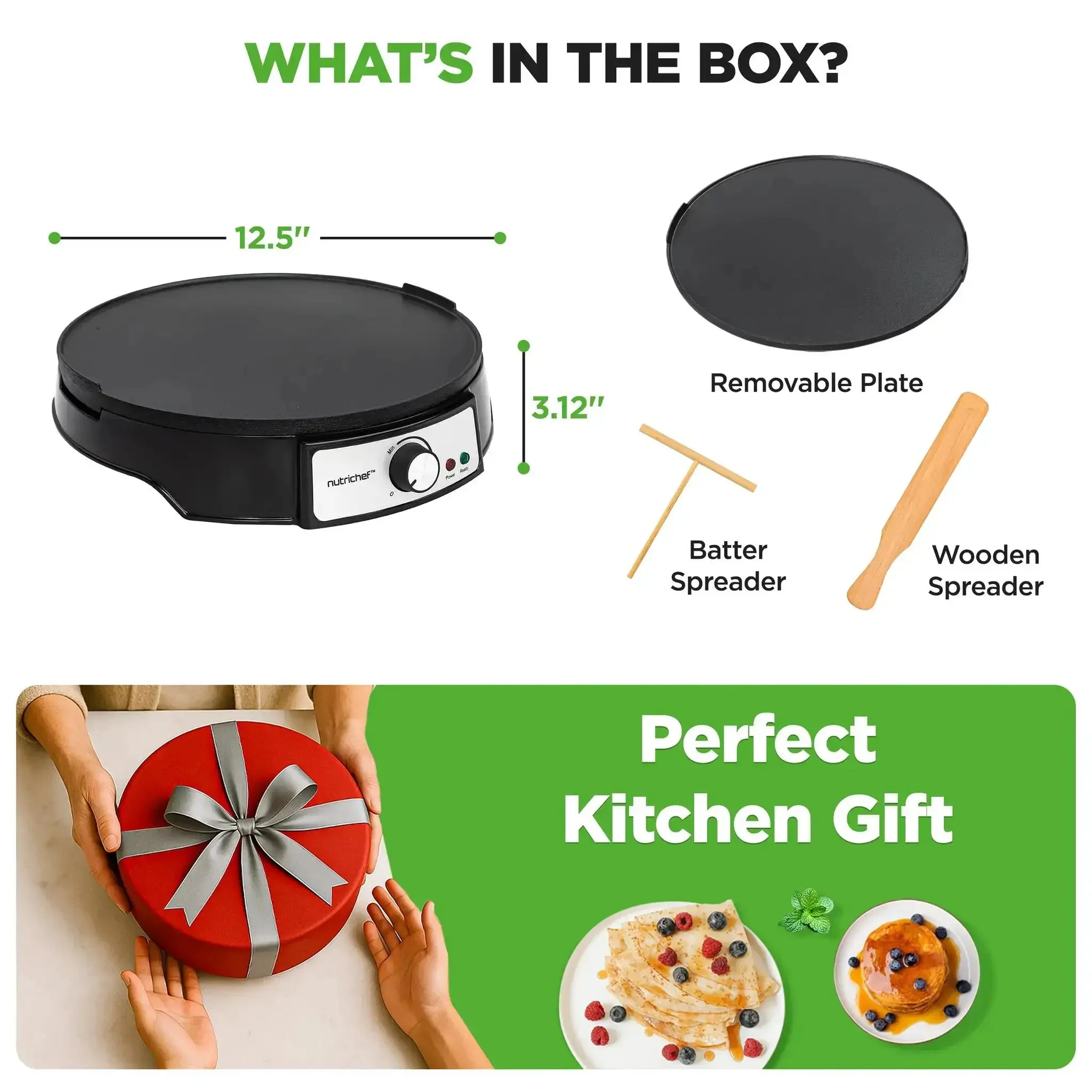 Electric Crepe Maker And Griddle 12 Inch Nonstick Reversible Hot Plate With Adjustable Temperature And LED Indicator Lights Easy Flip Surface Includes Wooden Spatula And Batter Spreader For Pancakes Crepes Blintzes - Image 3