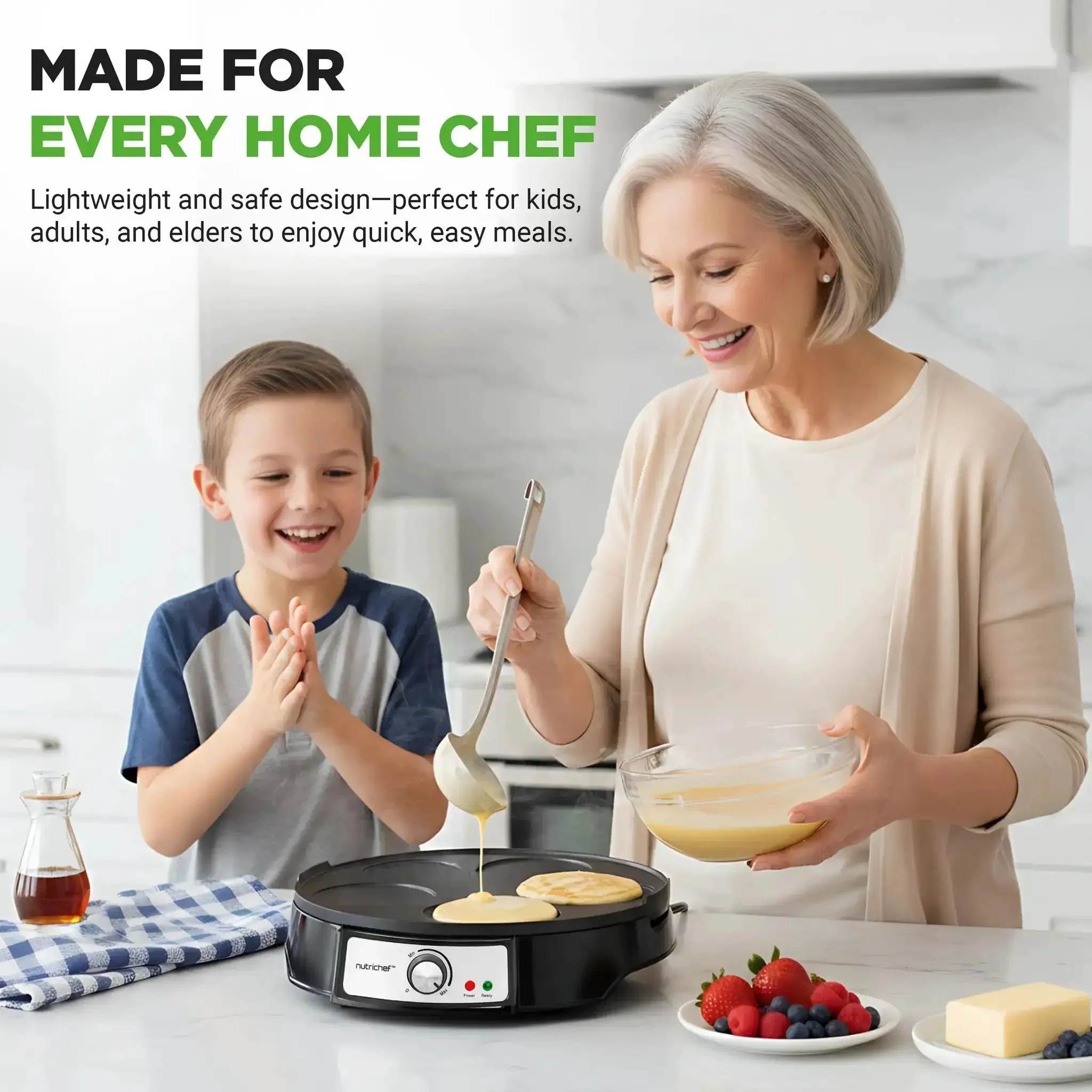 Electric Crepe Maker And Griddle 12 Inch Nonstick Reversible Hot Plate With Adjustable Temperature And LED Indicator Lights Easy Flip Surface Includes Wooden Spatula And Batter Spreader For Pancakes Crepes Blintzes - Image 4