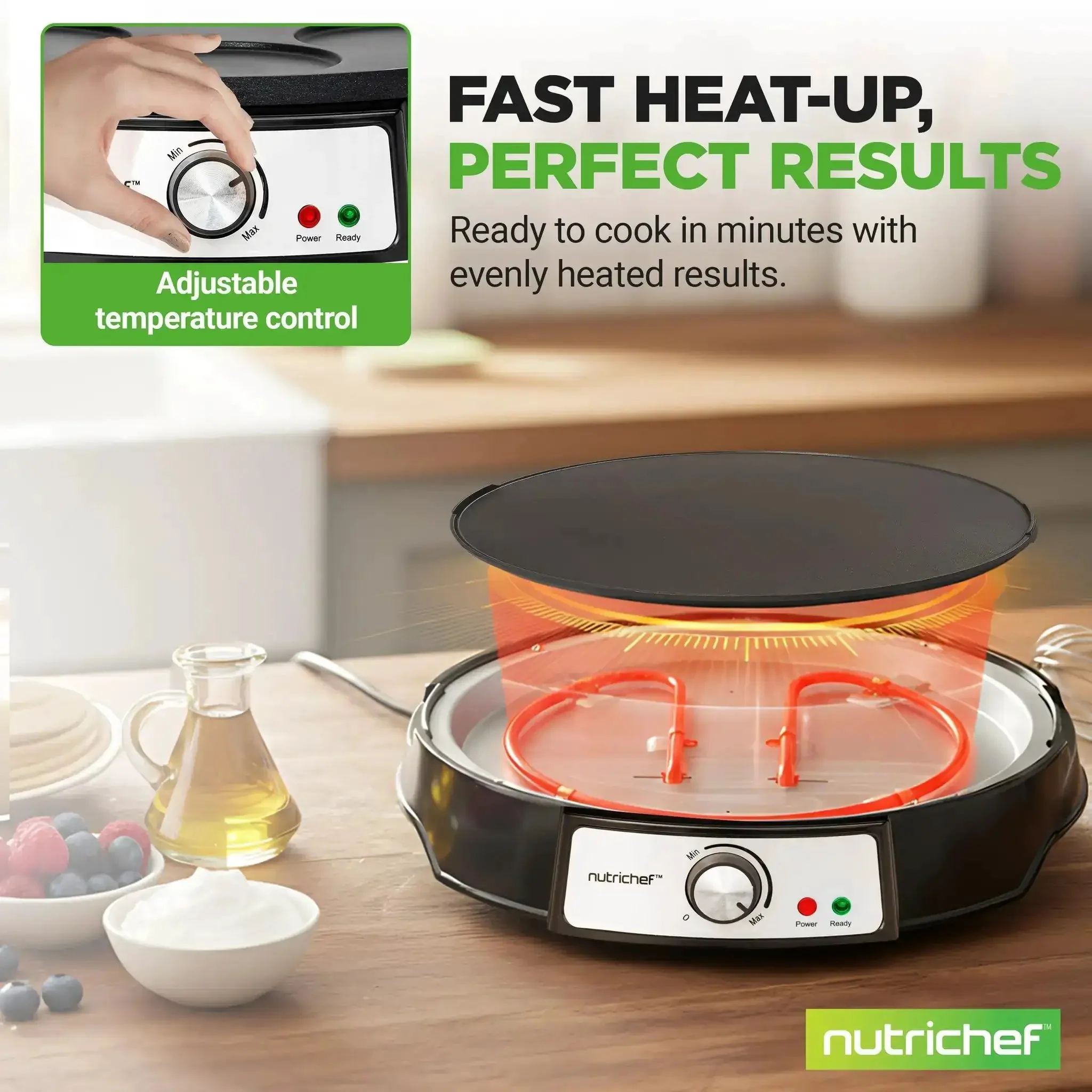 Electric Crepe Maker And Griddle 12 Inch Nonstick Reversible Hot Plate With Adjustable Temperature And LED Indicator Lights Easy Flip Surface Includes Wooden Spatula And Batter Spreader For Pancakes Crepes Blintzes - Image 7