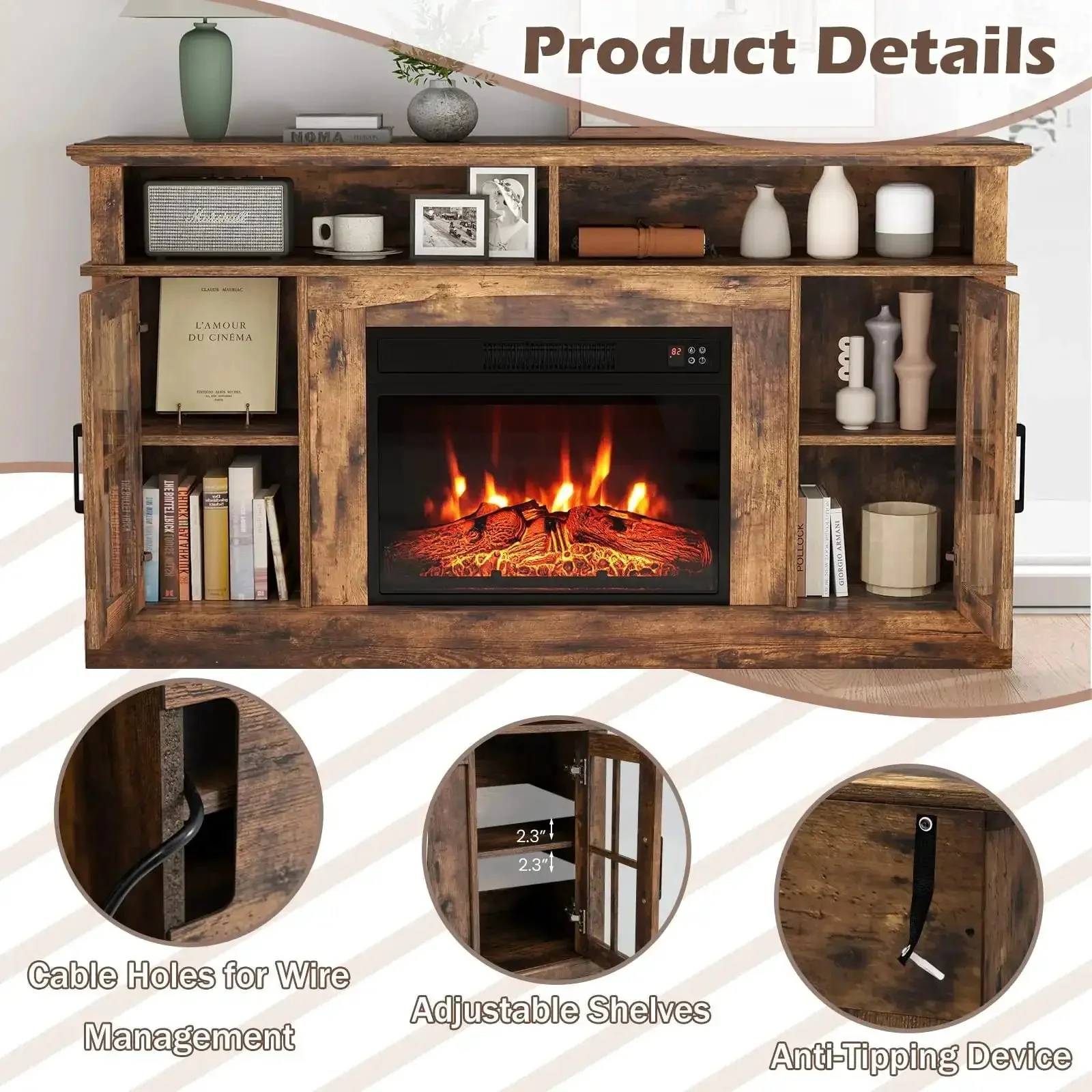 Electric Fireplace TV Stand For 65 Inch TVs With 23 Inch Fireplace Insert, Cozy Media Console With Two Cabinets, Remote Included, 6 Hour Timer, Three Flame Brightness Levels, Brown Finish, 58 Inch - Image 7