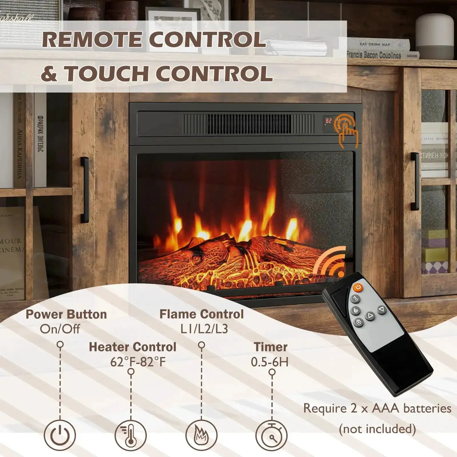 Electric Fireplace TV Stand For 65 Inch TVs With 23 Inch Fireplace Insert, Cozy Media Console With Two Cabinets, Remote Included, 6 Hour Timer, Three Flame Brightness Levels, Brown Finish, 58 Inch - Image 9
