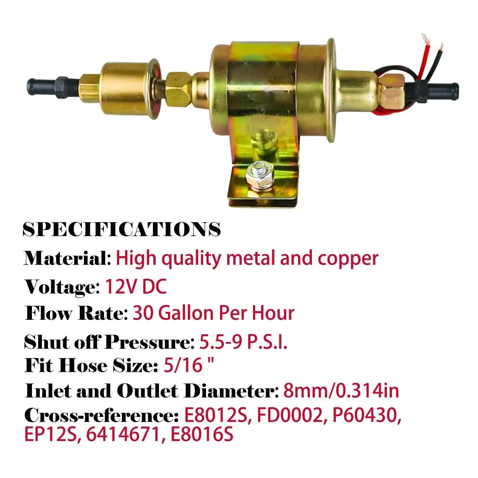 Electric Fuel Pump 5-9 PSI 12V DC 30 GPH For Gasoline And Diesel Carburetor Engines Universal Fit For Car Truck Boat Generator Two Wire Design Model E8012S FD0002 P60430 6414671 - Image 6