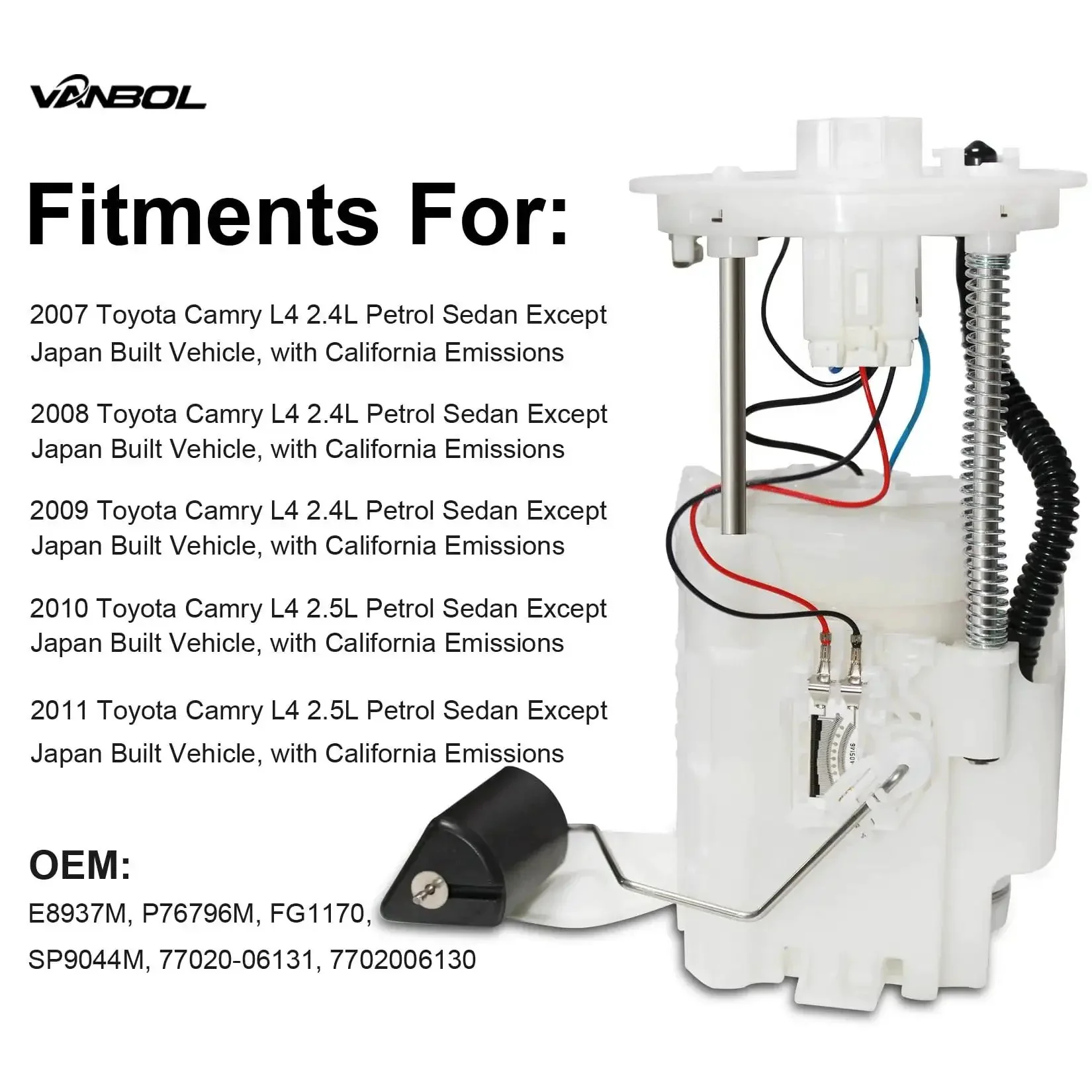 Electric Fuel Pump Module Assembly For Toyota Camry 2007-2011 2.4L 2.5L L4 With California Emissions Replaces E8937M FG1170 P76796M Also Fits 2007-2008 Solara Improves Fuel Delivery And Efficiency Direct OEM Replacement - Image 7