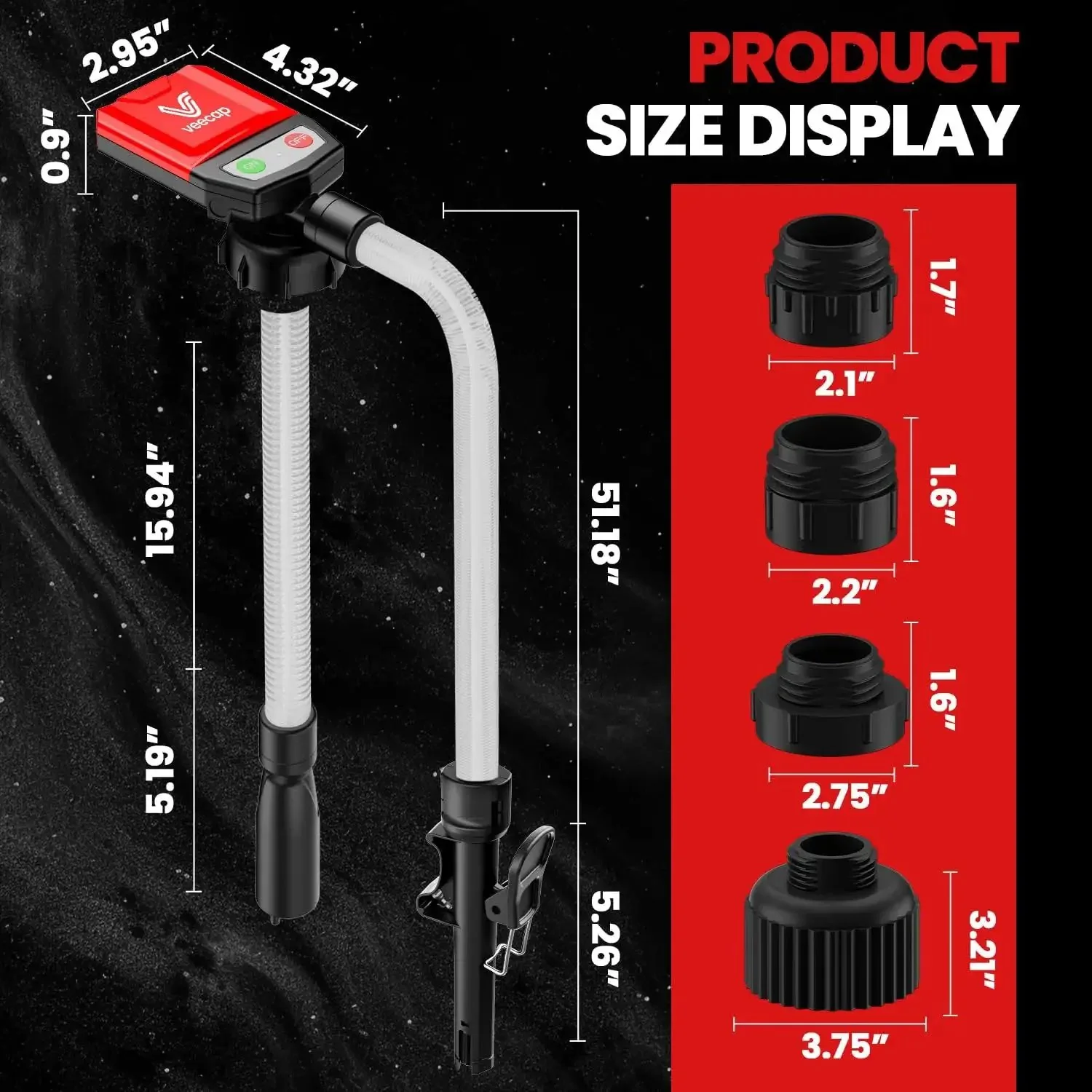 Electric Fuel Transfer Pump With Auto Stop For Gas Cans, 3.8 GPM Flow, 51 Inch Hose, Four Size Adapters, No Spill Gas Can Pump For Gasoline Diesel Kerosene, Gift For Men Dad Him 2nd Gen Red Black - Image 2