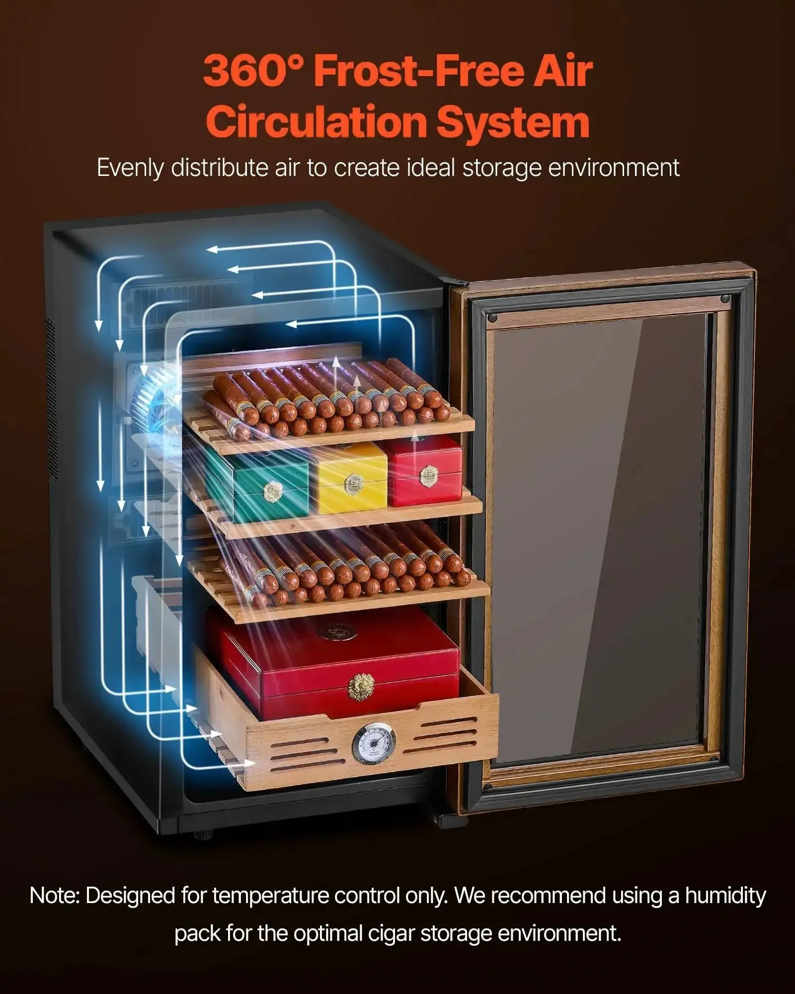 Electric Humidor For Home Use 48L Cigar Cabinet With Cooling Temperature Control 350 Count Capacity Spanish Cedar Shelves And Drawers Four Layers Quiet Under 40dB Mechanical Hygrometer 360 Degree Air Circulation - Image 11