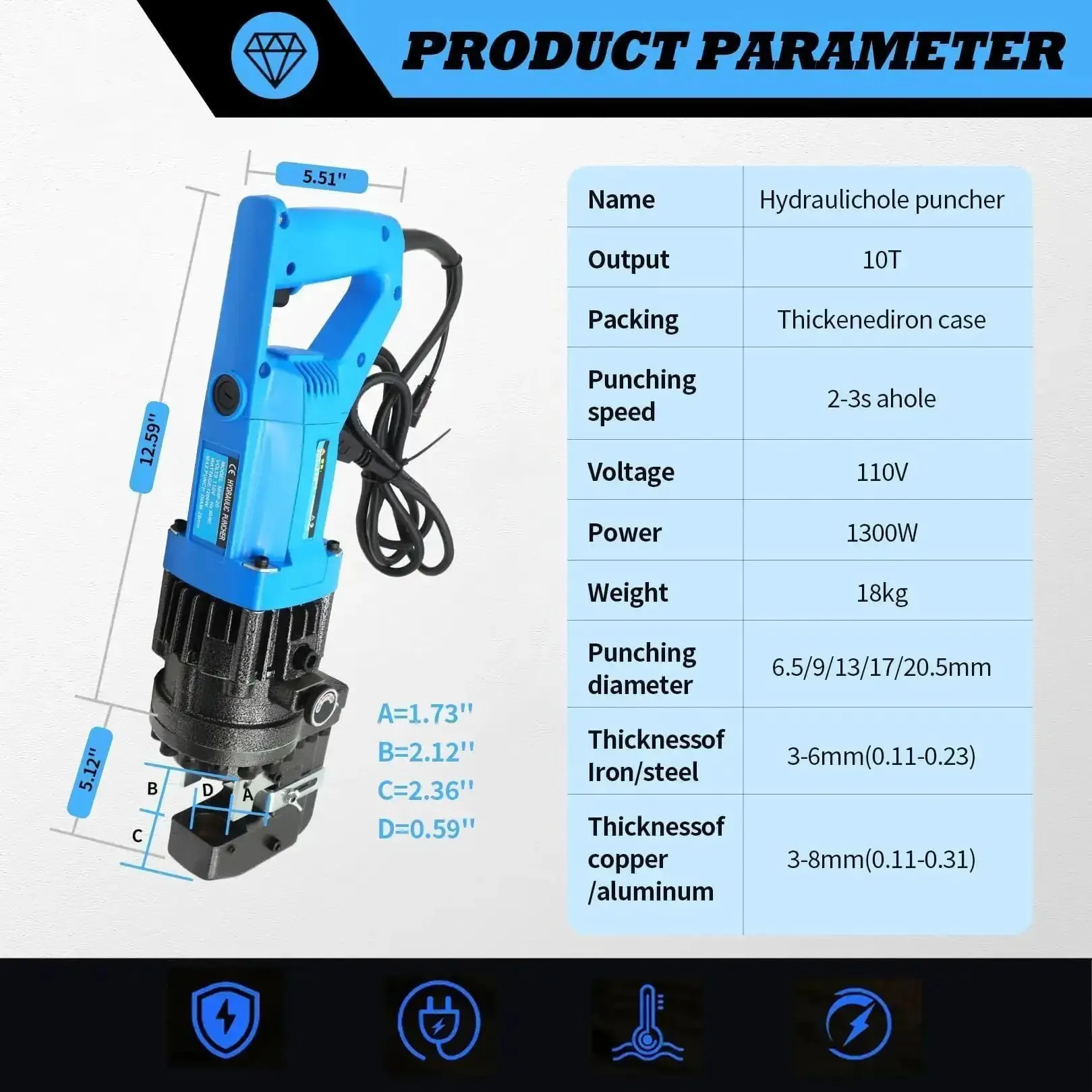 Electric Hydraulic Hole Punch Tool 1200W 110V Heavy Duty Beast Metal Punch For Steel Copper Aluminum Iron Alloy Ten Ton Punching Capacity With Quick 1 To 3 Second Holes Upgrade Version - Image 7