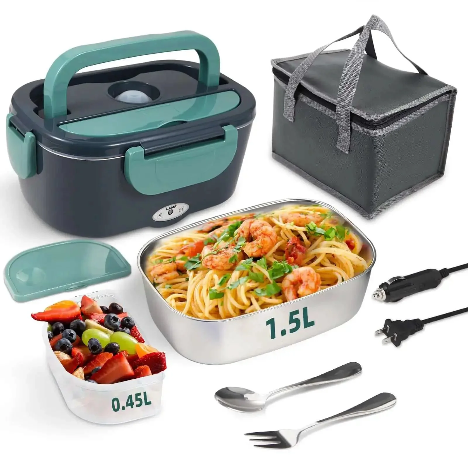 Electric Lunch Box Food Heater On The Go Car And Truck Warmer, 80W, 12V 24V 110V Power, 304 Stainless Steel Inner Container, Green Heated Lunch Box For Drivers, Road Warriors, Workdays, And Gifts
