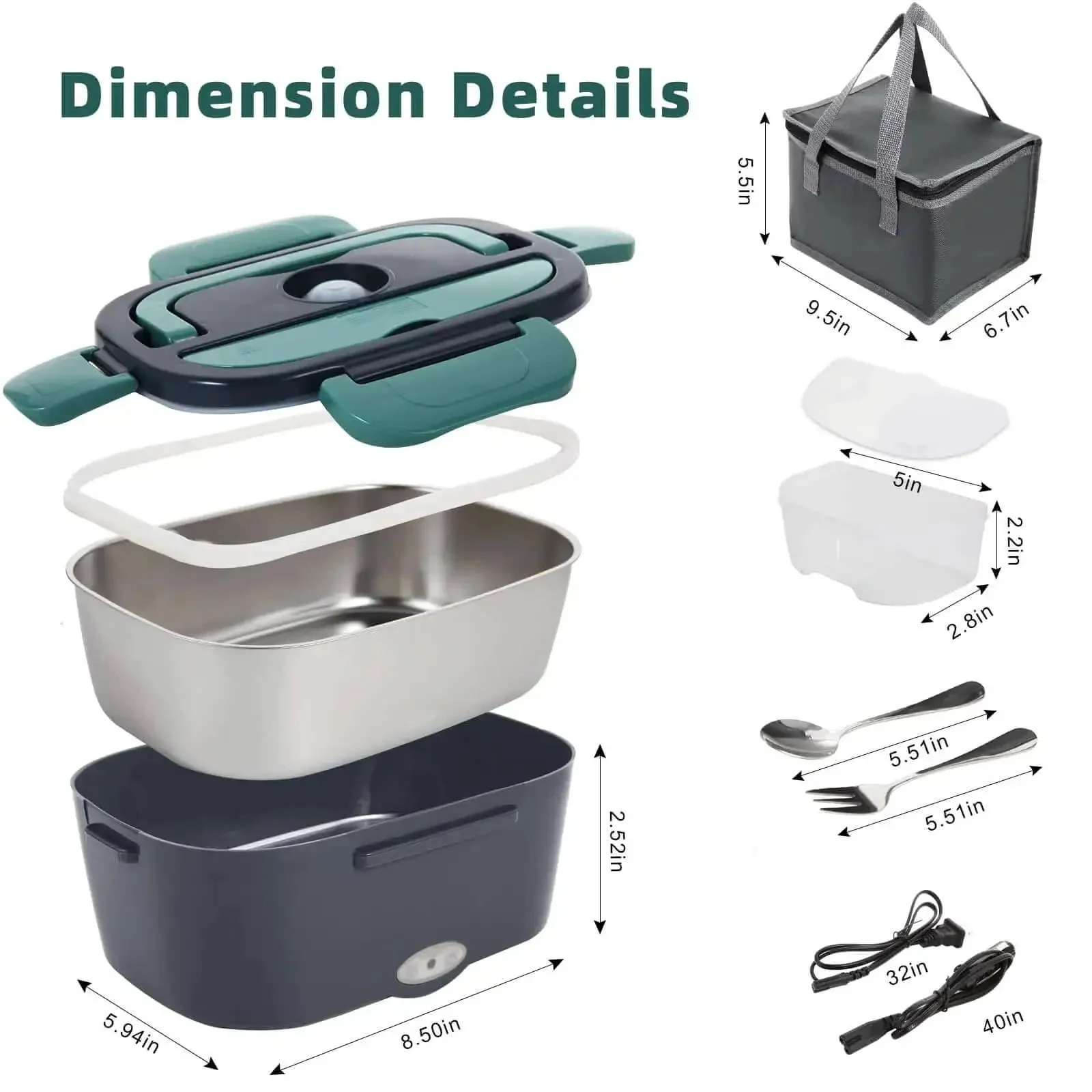 Electric Lunch Box Food Heater On The Go Car And Truck Warmer, 80W, 12V 24V 110V Power, 304 Stainless Steel Inner Container, Green Heated Lunch Box For Drivers, Road Warriors, Workdays, And Gifts - Image 5