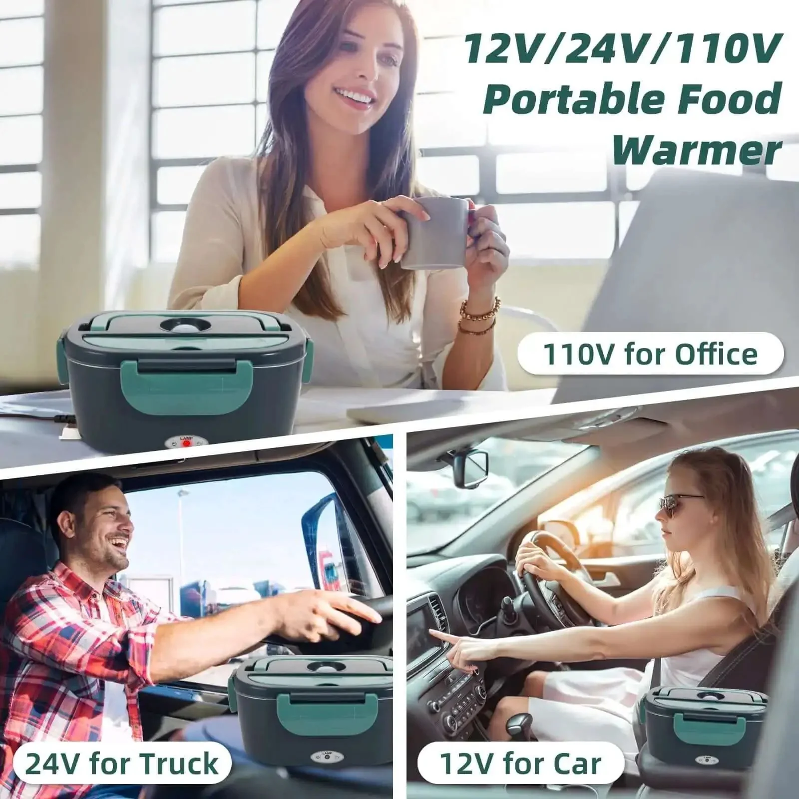 Electric Lunch Box Food Heater On The Go Car And Truck Warmer, 80W, 12V 24V 110V Power, 304 Stainless Steel Inner Container, Green Heated Lunch Box For Drivers, Road Warriors, Workdays, And Gifts - Image 6