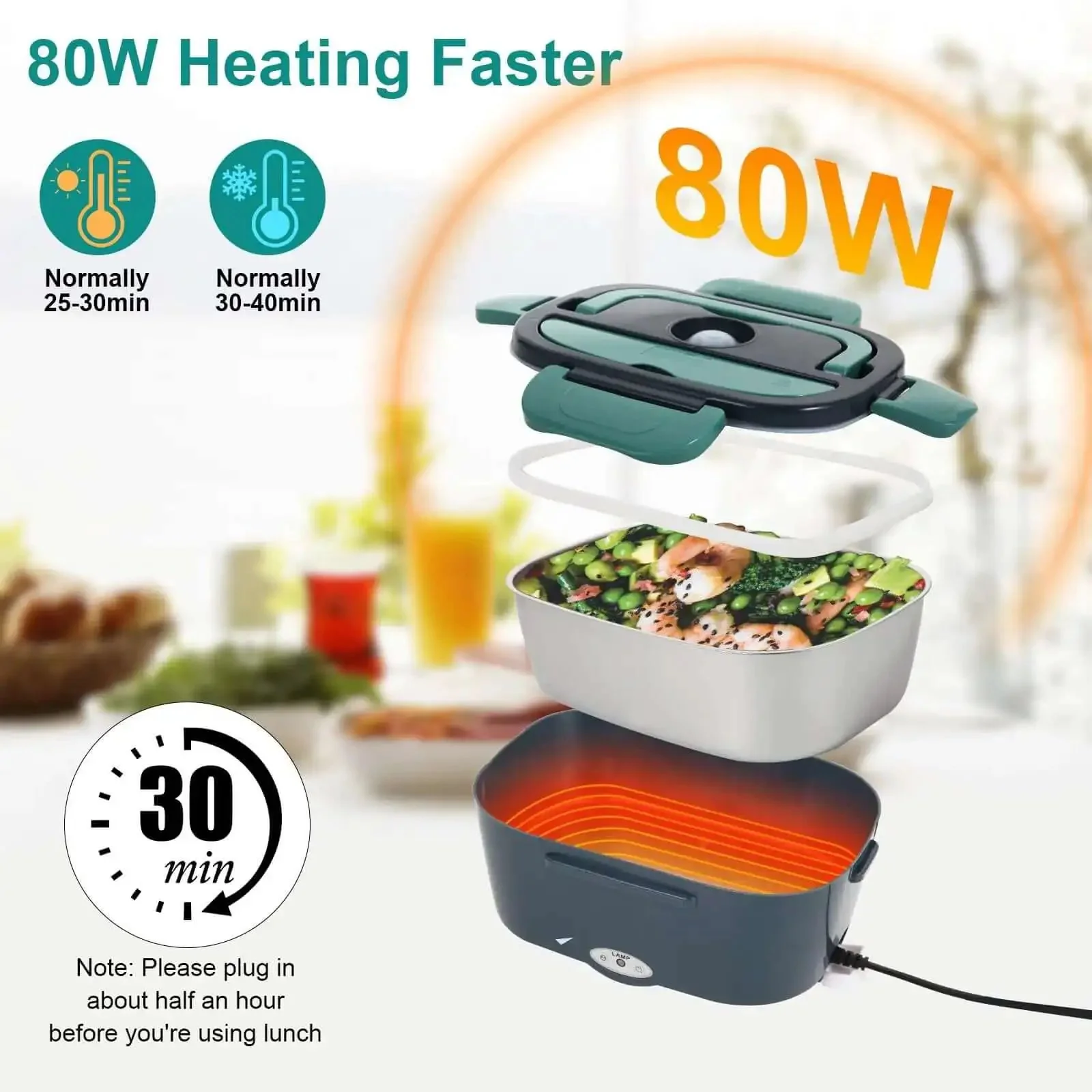 Electric Lunch Box Food Heater On The Go Car And Truck Warmer, 80W, 12V 24V 110V Power, 304 Stainless Steel Inner Container, Green Heated Lunch Box For Drivers, Road Warriors, Workdays, And Gifts - Image 8