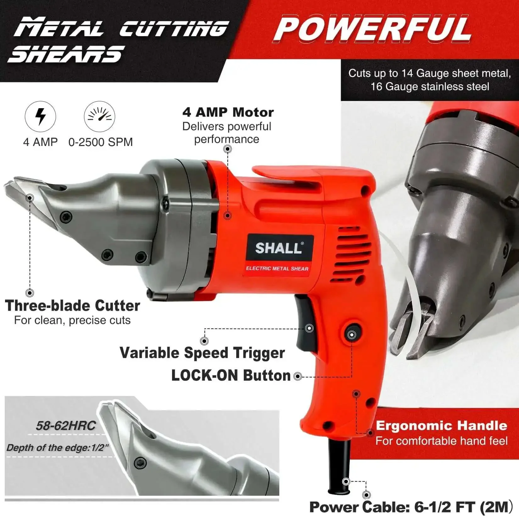 Electric Metal Cutting Shear For 14 Gauge Steel And 16 Gauge Stainless, 4.0 Amp Corded Cutter, Variable Speed, 360 Degree Swivel Head, 2500 SPM, Double Cut Design For Clean, Curling Edges And Fast, DIY Friendly Heavy Duty Workshop Must Have - Image 9