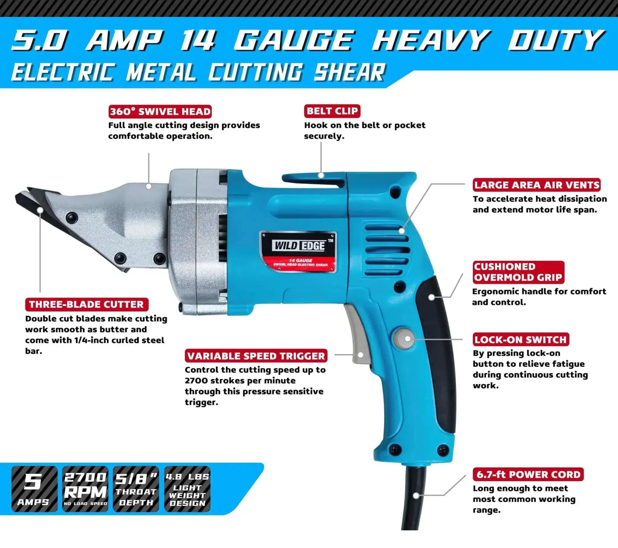 Electric Metal Shear For Sheet Metal, 14 Gauge, 5.0 Amp Motor, Variable Speed 0-2700 SPM, Swivel Head, Beastly Heavy Duty Cutter With Double Cut Blades For Fast, Clean Cuts And 1/4 Inch Curled Edges - Image 4
