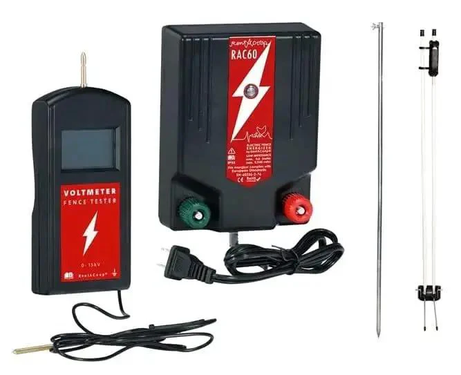 Electric Poultry Netting Accessory Set With 0.6 Joule Fence Charger, 3 Foot Grounding Rod, Gate Handle Kit, And Voltmeter Fence Tester For Easy Install And Safe PredatorProof Chickens And Other Poultry