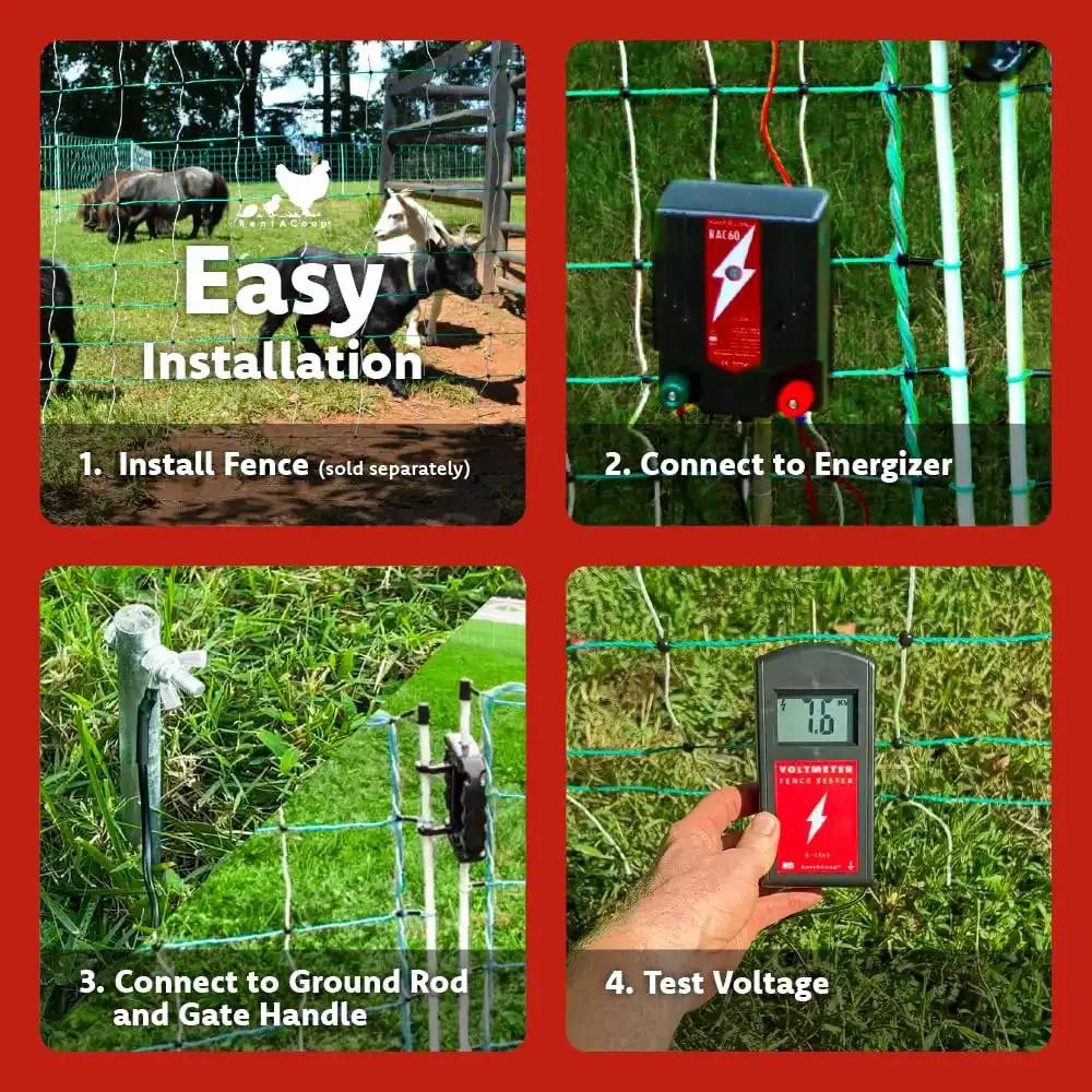 Electric Poultry Netting Accessory Set With 0.6 Joule Fence Charger, 3 Foot Grounding Rod, Gate Handle Kit, And Voltmeter Fence Tester For Easy Install And Safe PredatorProof Chickens And Other Poultry - Image 7