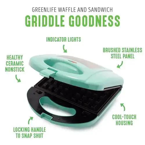 Electric Waffle Maker And Panini Press With Ceramic Nonstick Plates For Grilled Cheese And Tuna Melts, Toaster Function, LED Indicator Light, PFAS Free PFOA Free Lead Free Cadmium Free, Turquoise Finish, Easy Cleanup And Crispy, Even Cooking - Image 8
