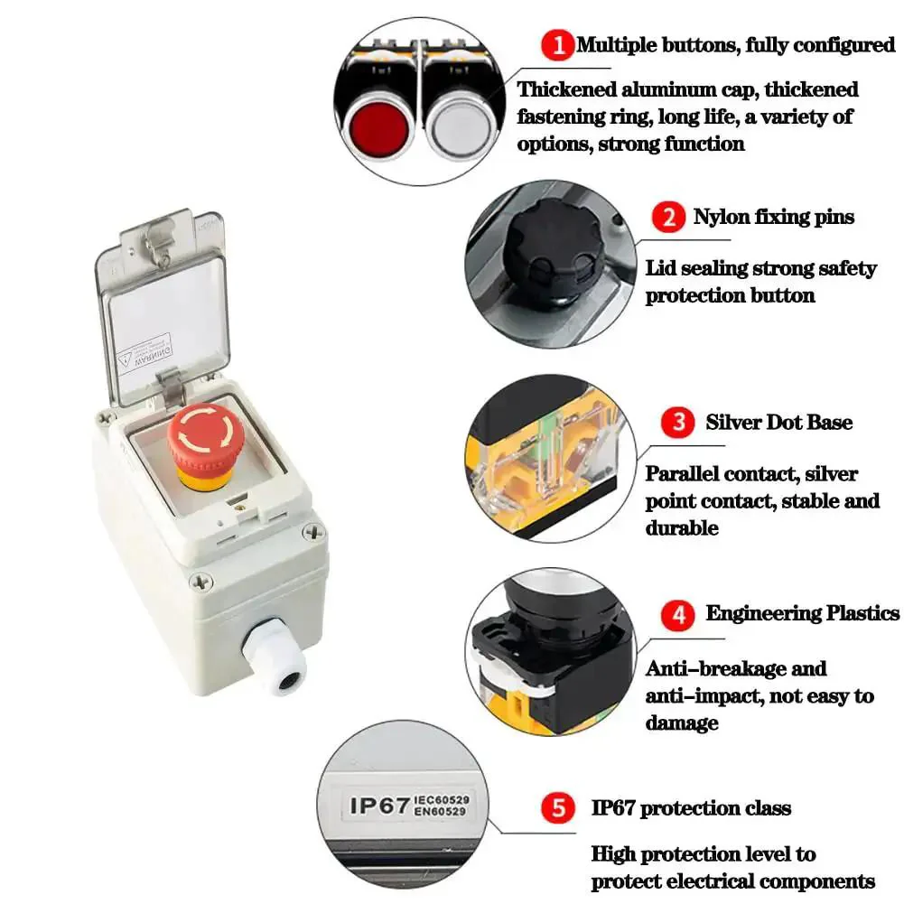 Emergency Stop Button Box With IP67 Waterproof Enclosure Durable ABS Case E Stop Switch 125x75x70 mm 10A 660V 1NC 1NO Four Terminals Heavy Duty Push Button Station For Quick Safety Shutdown - Image 6