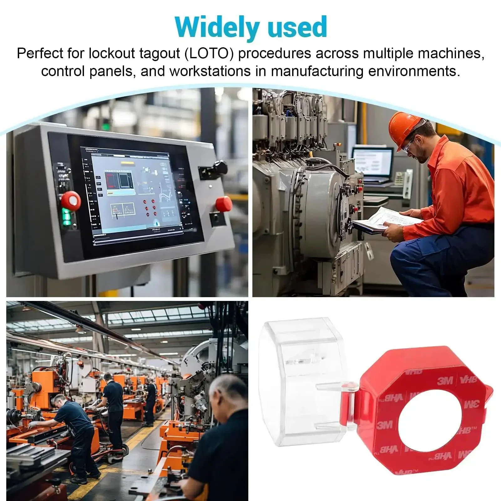 Emergency Stop Button Lockout Cover Kit Four Pack for Industrial Control Panels and Machinery No Brainer Protection Square 30mm Push Button Shield With Adhesive Prevents Accidental Startups During Maintenance in Shops and Worksites - Image 2