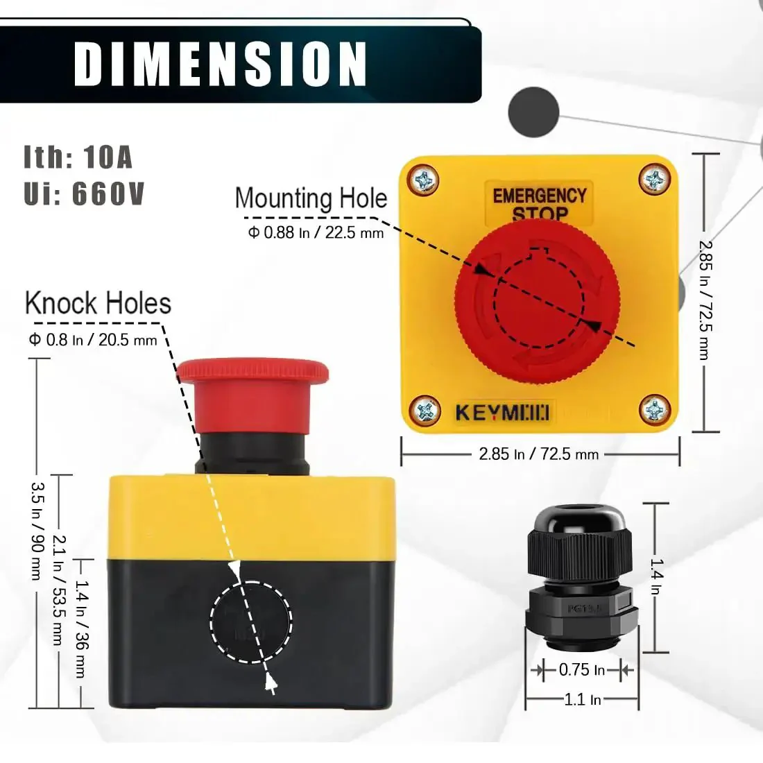 Emergency Stop Push Button Switch 1NC 10A 660V With IP65 Waterproof Box And PG13.5 Black Connectors Heavy Duty Latching Push To Lock Turn To Release On Off Operation 2 Pack - Image 5