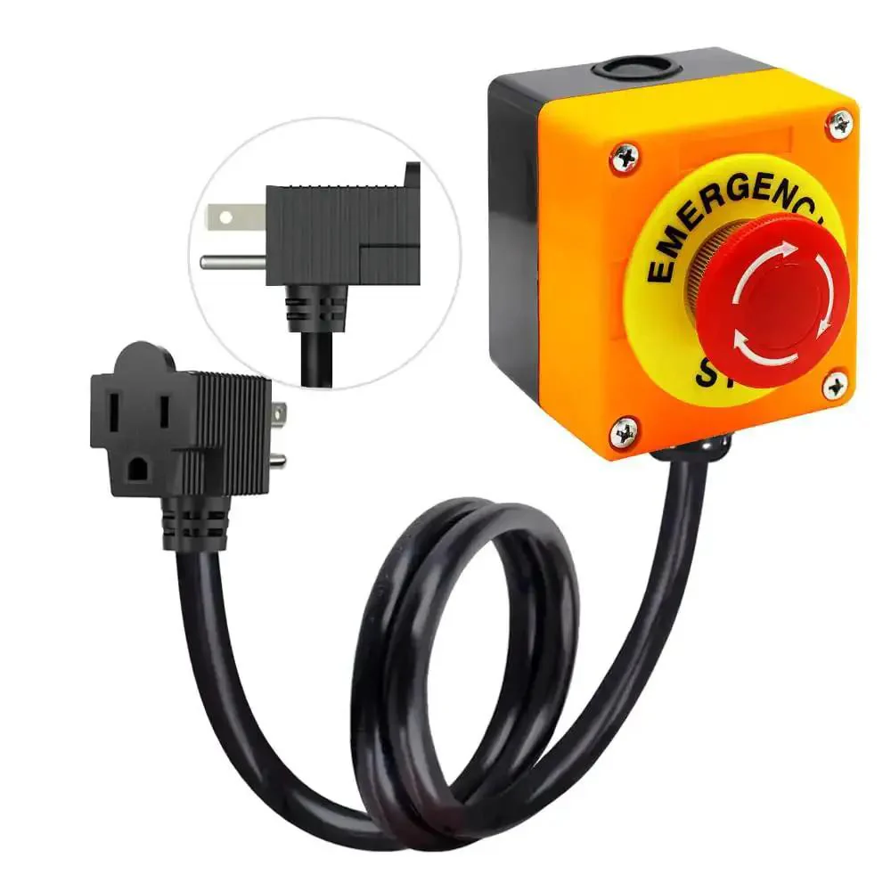 Emergency Stop Push Button Switch With 3.3 Foot 14AWG Cable And Piggyback Plug IP67 Waterproof Inline Power Emergency Button For Extension Cords AC DC 10A 125V Shuts Down Fast For Industrial Tools And Home Equipment