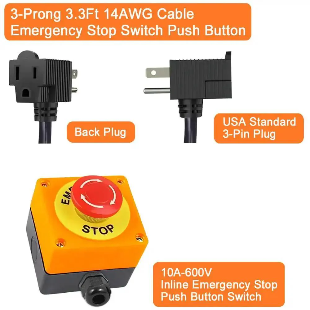 Emergency Stop Push Button Switch With 3.3 Foot 14AWG Cable And Piggyback Plug IP67 Waterproof Inline Power Emergency Button For Extension Cords AC DC 10A 125V Shuts Down Fast For Industrial Tools And Home Equipment - Image 4